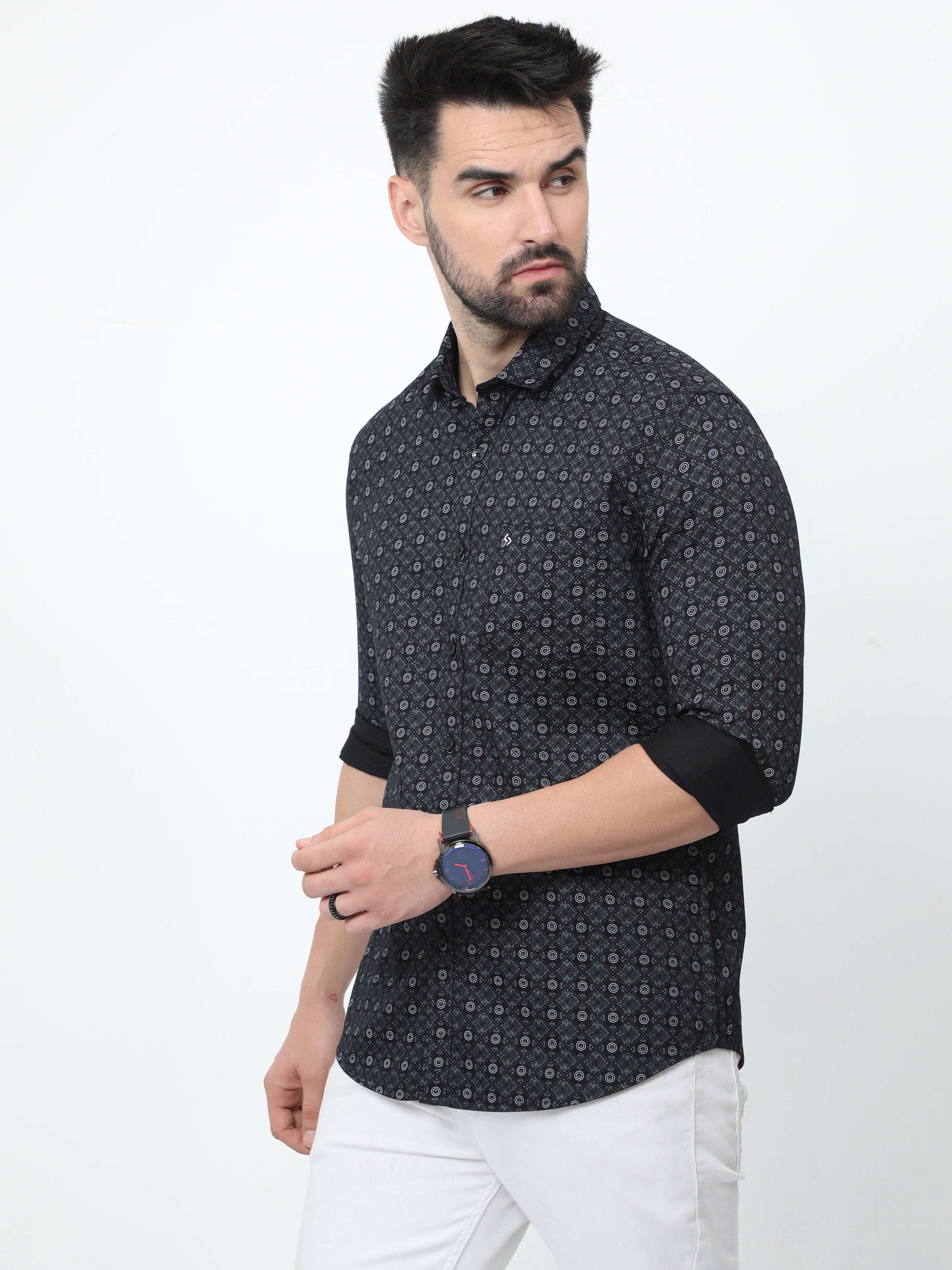 Classic Polo Mens Pure Cotton Full Sleeves Printed Slim Fit Polo Neck Black Color Woven Shirt | So2-170 B-Fs-Prt-Sf