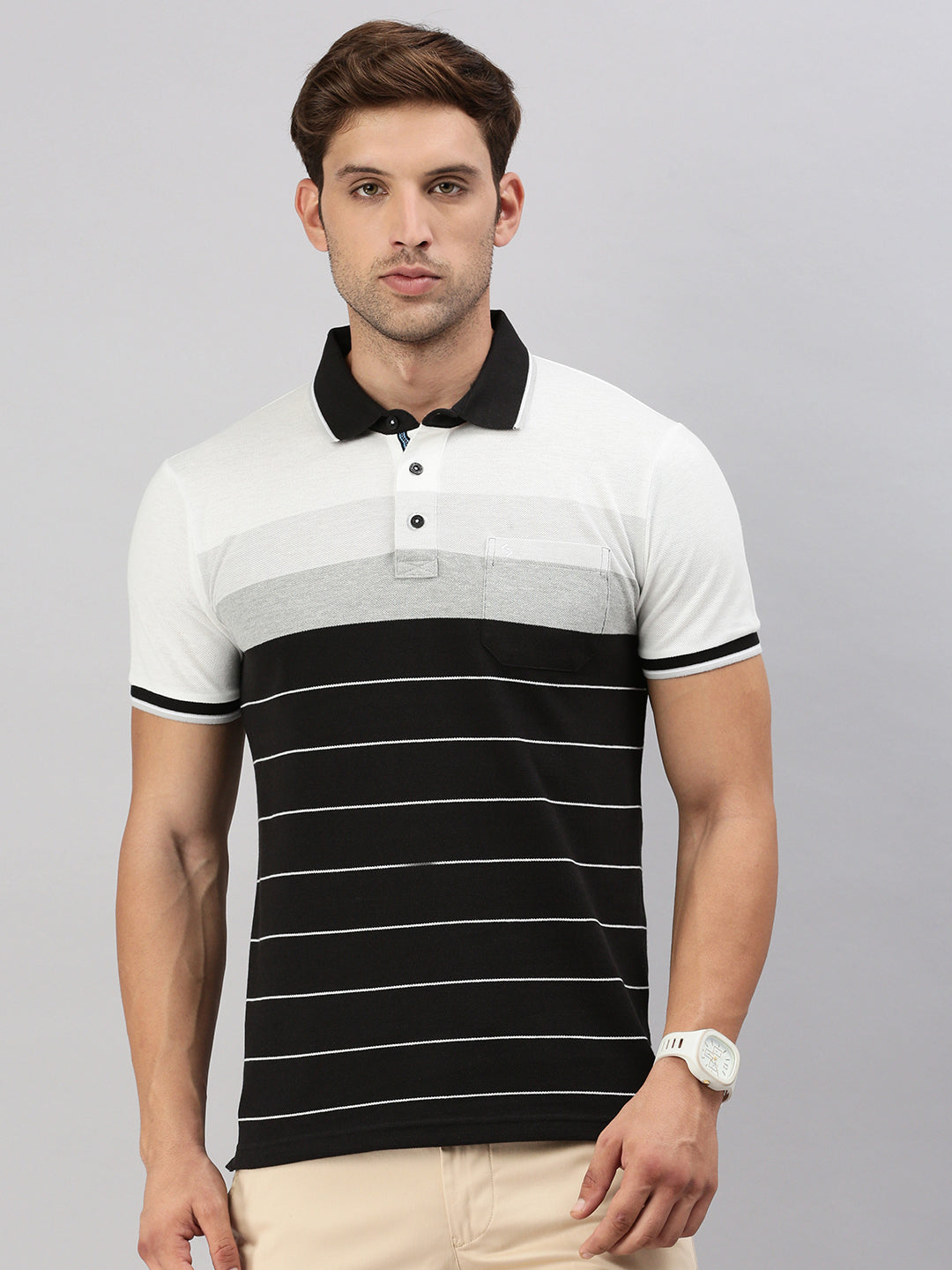 Classic Polo Men's Half Sleeve Black/White Polo Neck Slim Fit Striped T-Shirt | VTA - 283 A SF P