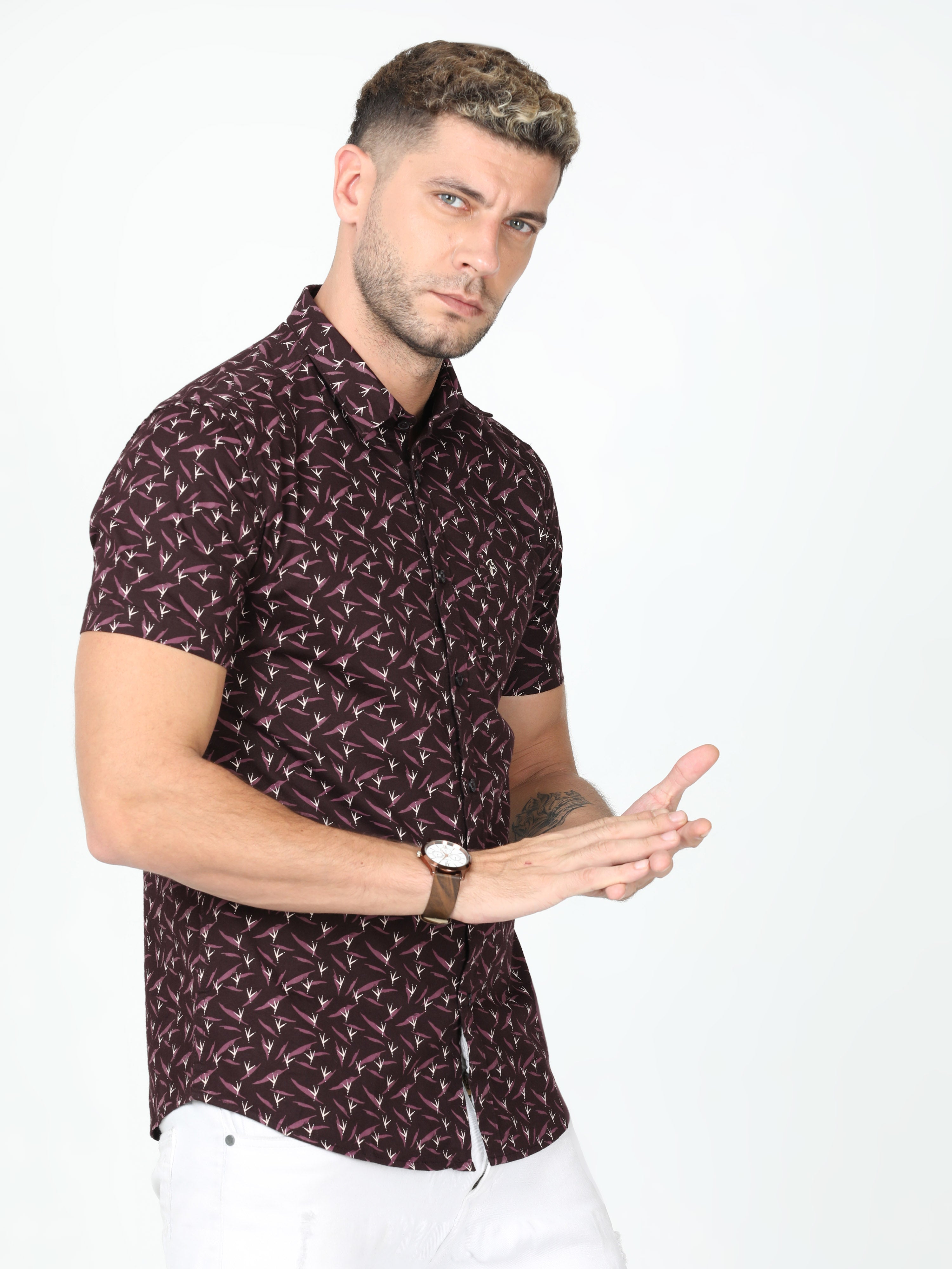 CP BRO Mens Cotton Half Sleeve Slim Fit Polo Neck Maroon Color Woven Shirt | Sbo1-11 C-HS-PRT-BSL