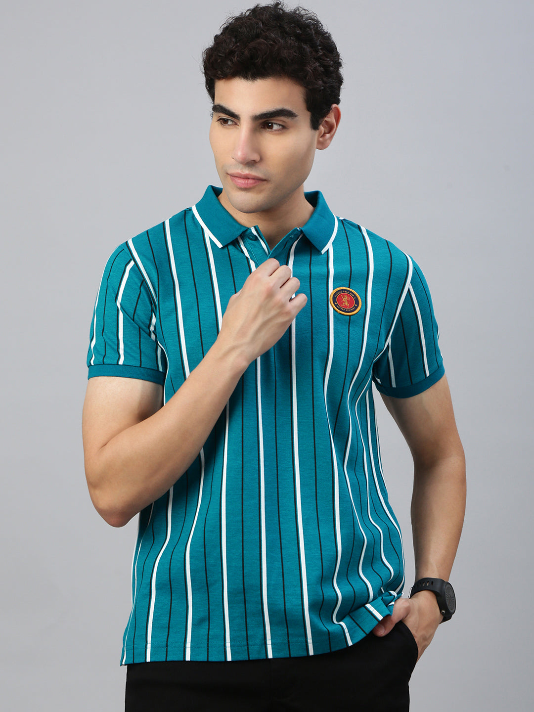 Classic Polo Men's Half Sleeve Blue/White Polo Neck Slim Fit Striped T-Shirt||GEN-X-POLO 37 A SF P