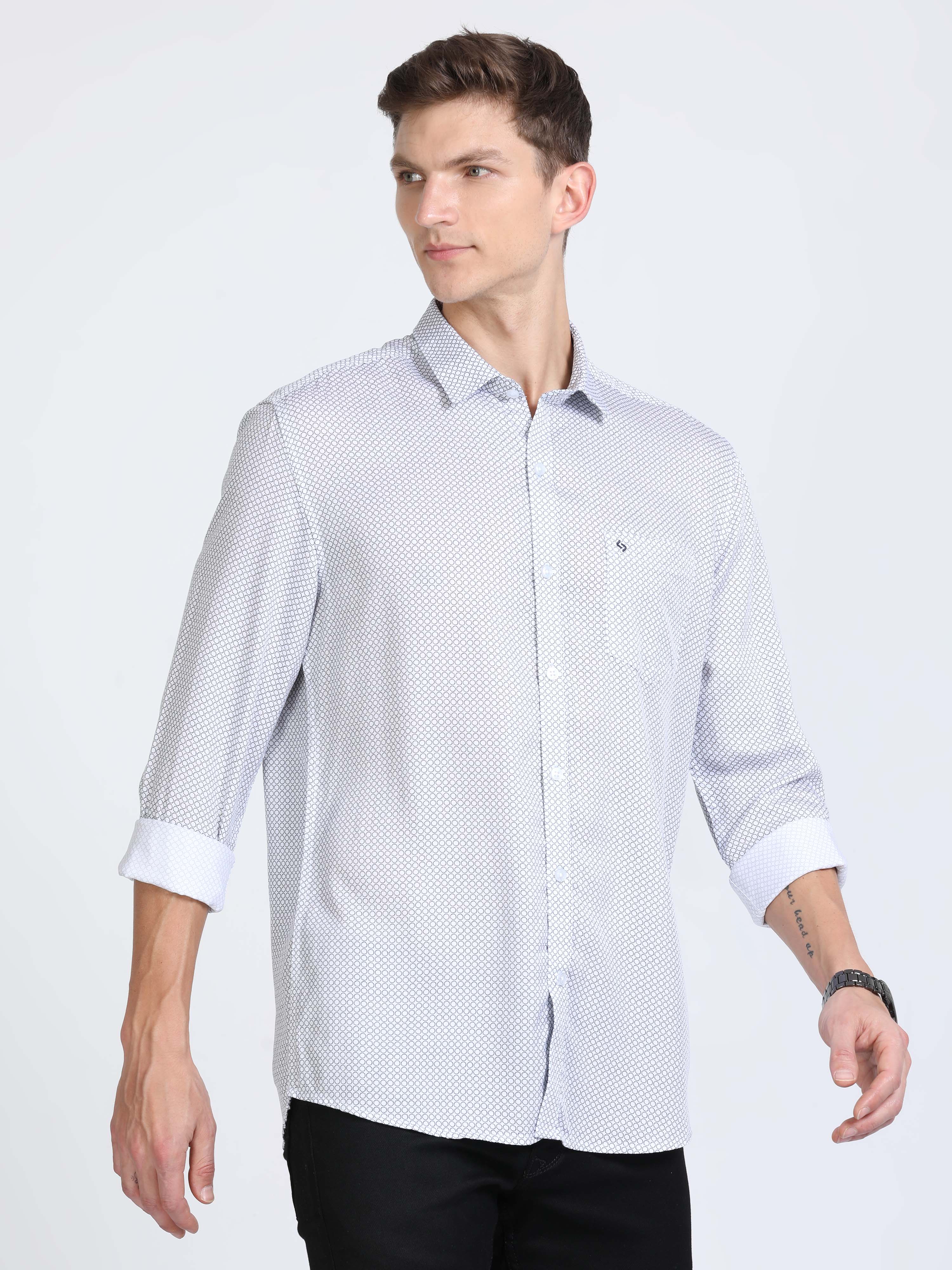 Classic Polo Mens Pure Cotton Full Sleeves Printed Slim Fit Polo Neck White Color Woven Shirt | So2-160 A-Fs-Prt-Sf