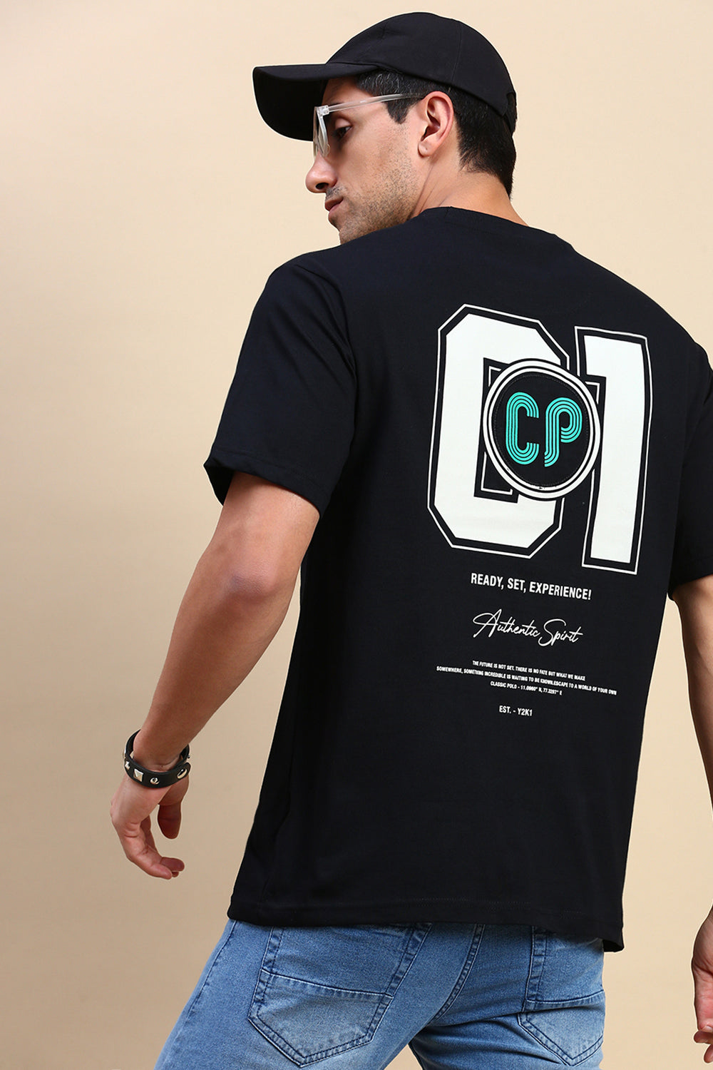 Classic Polo Men's Half Sleeve Black Crew Neck Slim Fit Printed Drop Shoulder T-Shirt | GENX-CREW 60 B SF C