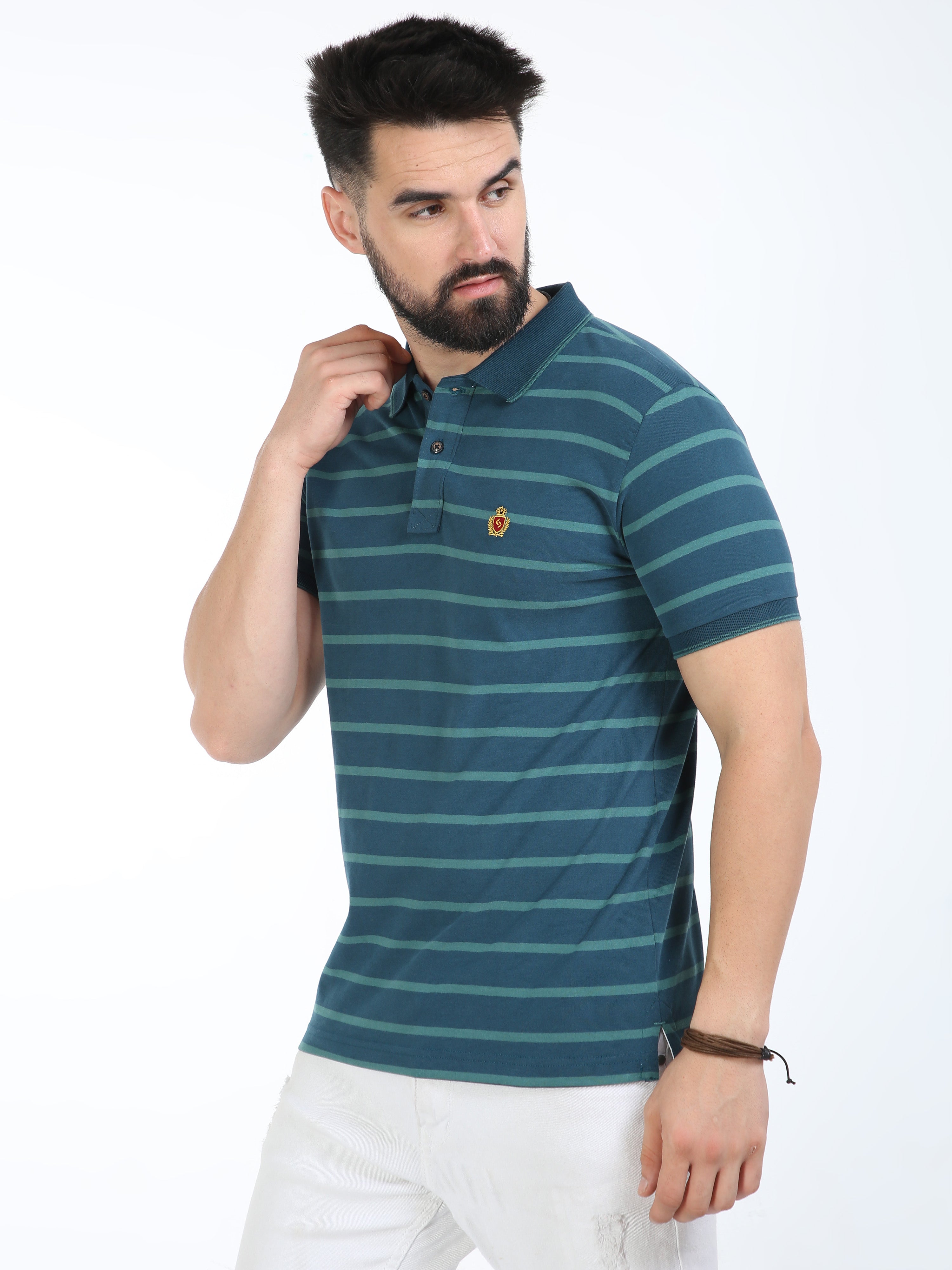 Classic Polo Mens Cotton Half Sleeves Striped Slim Fit Polo Neck Green Color T-Shirt | Cpeg - 310 A Sf P