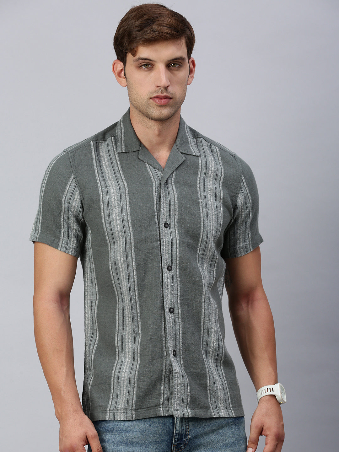 Classic Polo Men's Half Sleeve Olive Polo Neck Slim Fit Striped Shirt | SP2-GN-11 A-HS-STR-BSL