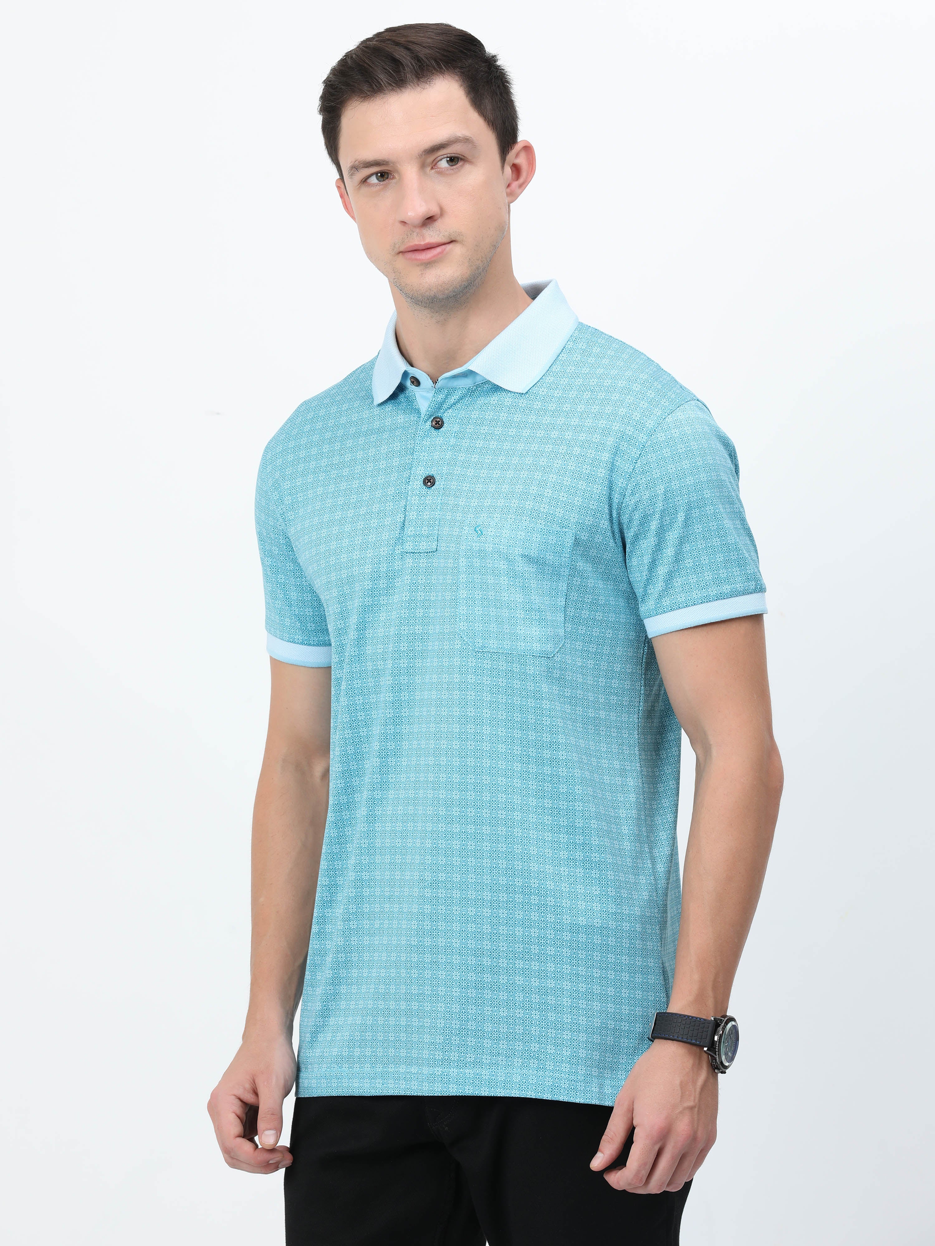 Classic Polo Mens Cotton Half Sleeves Floral Slim Fit Polo Neck Turqoise Color T-Shirt | Scant - 26 B Sf P