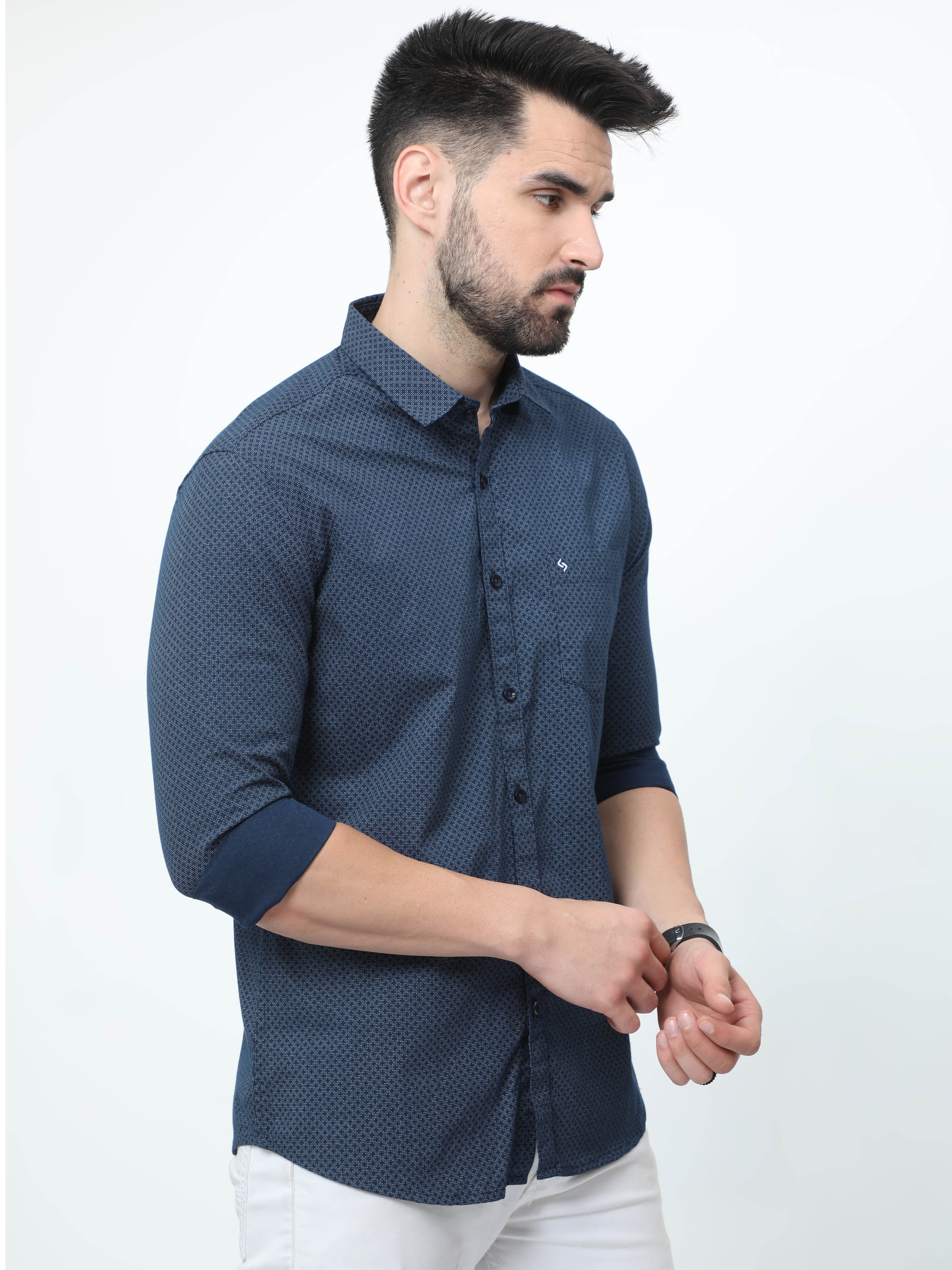 Classic Polo Mens Pure Cotton Full Sleeves Printed Slim Fit Polo Neck Navy Color Woven Shirt | So2-39 B-Fs-Prt-Sf
