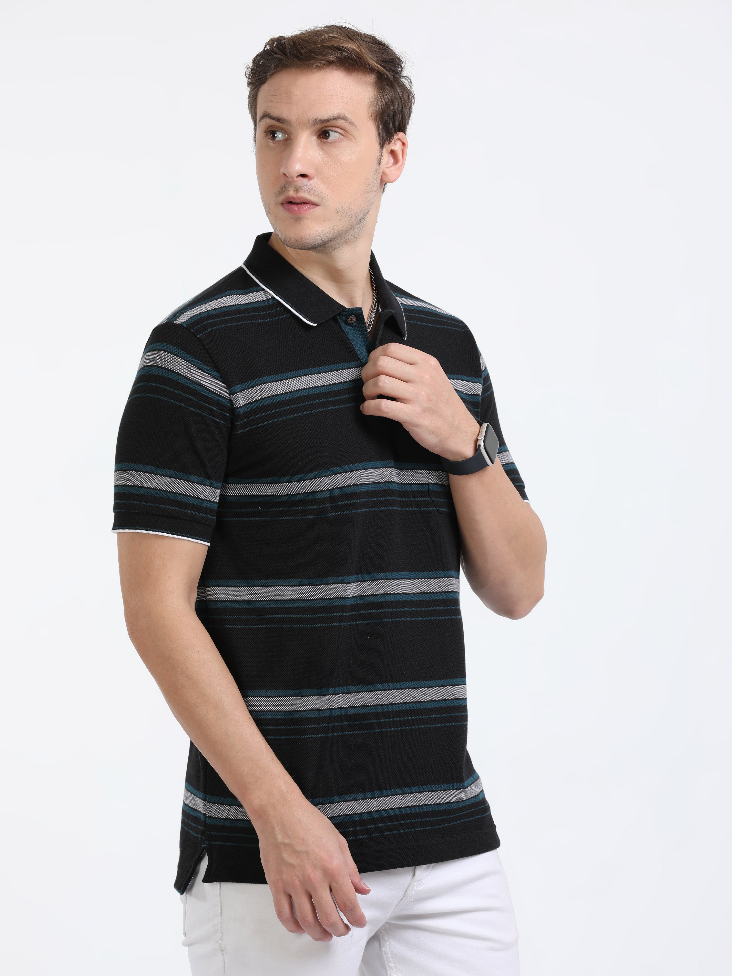 Classic Polo Mens Cotton Half Sleeves Striped Slim Fit Polo Neck Black Color T-Shirt | Adore - 209 B Sf P