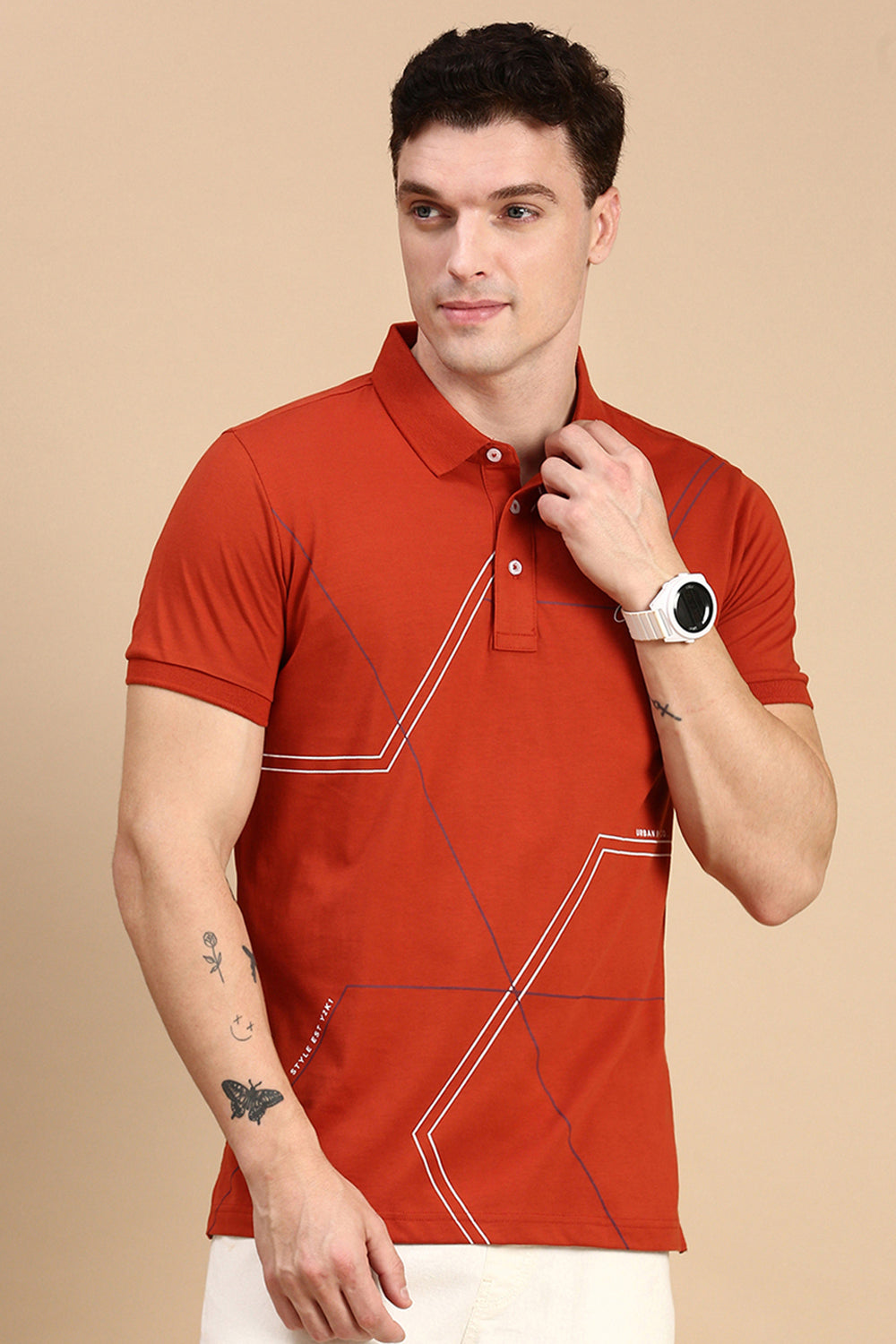 Classic Polo Men's Half Sleeve Rust Polo Neck Slim Fit Printed T-Shirt | FP - 02 A SF P