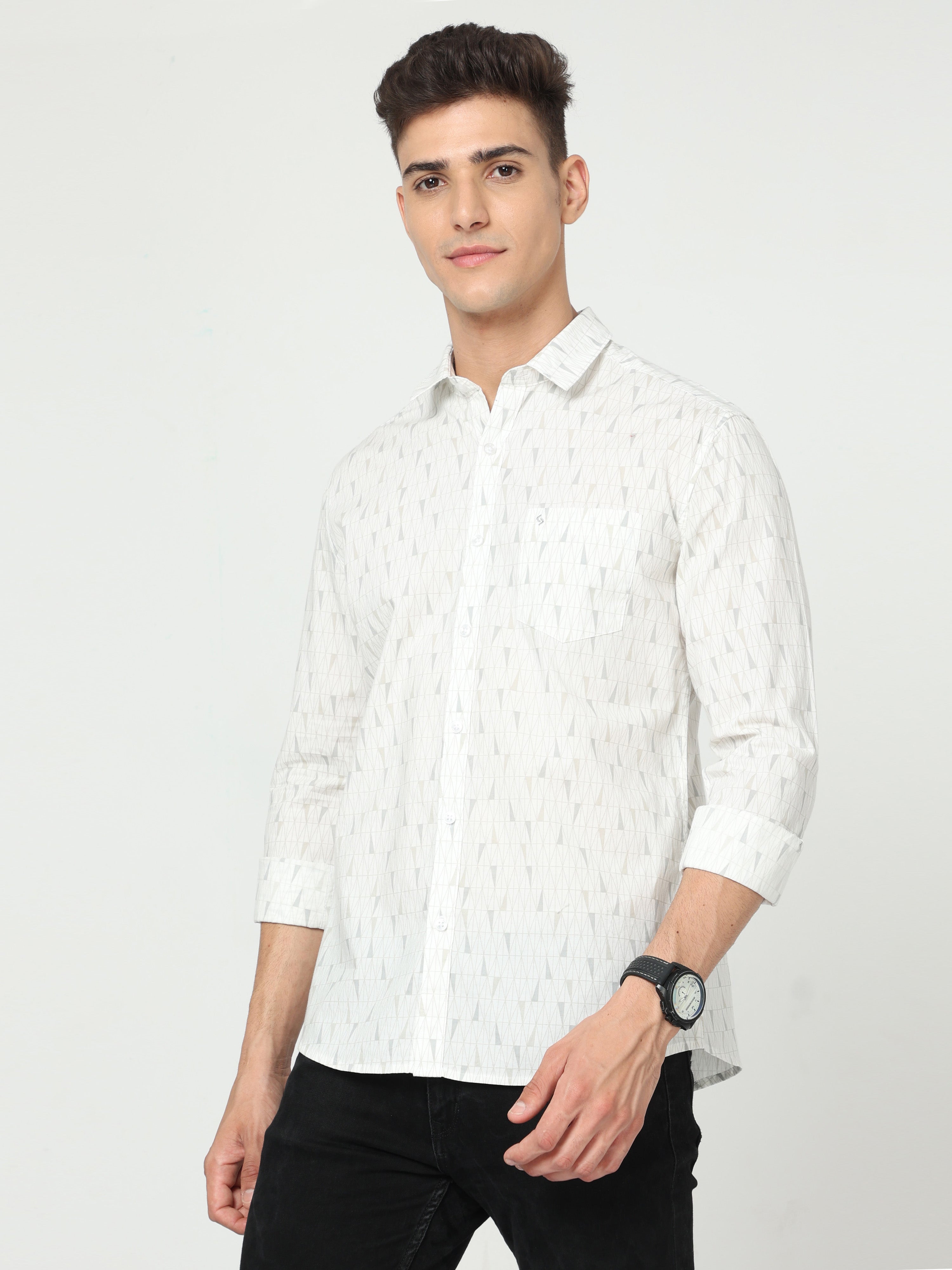 Classic Polo Men's Cotton Full Sleeve Printed Slim Fit Polo Neck White Color Woven Shirt | So1-150 A