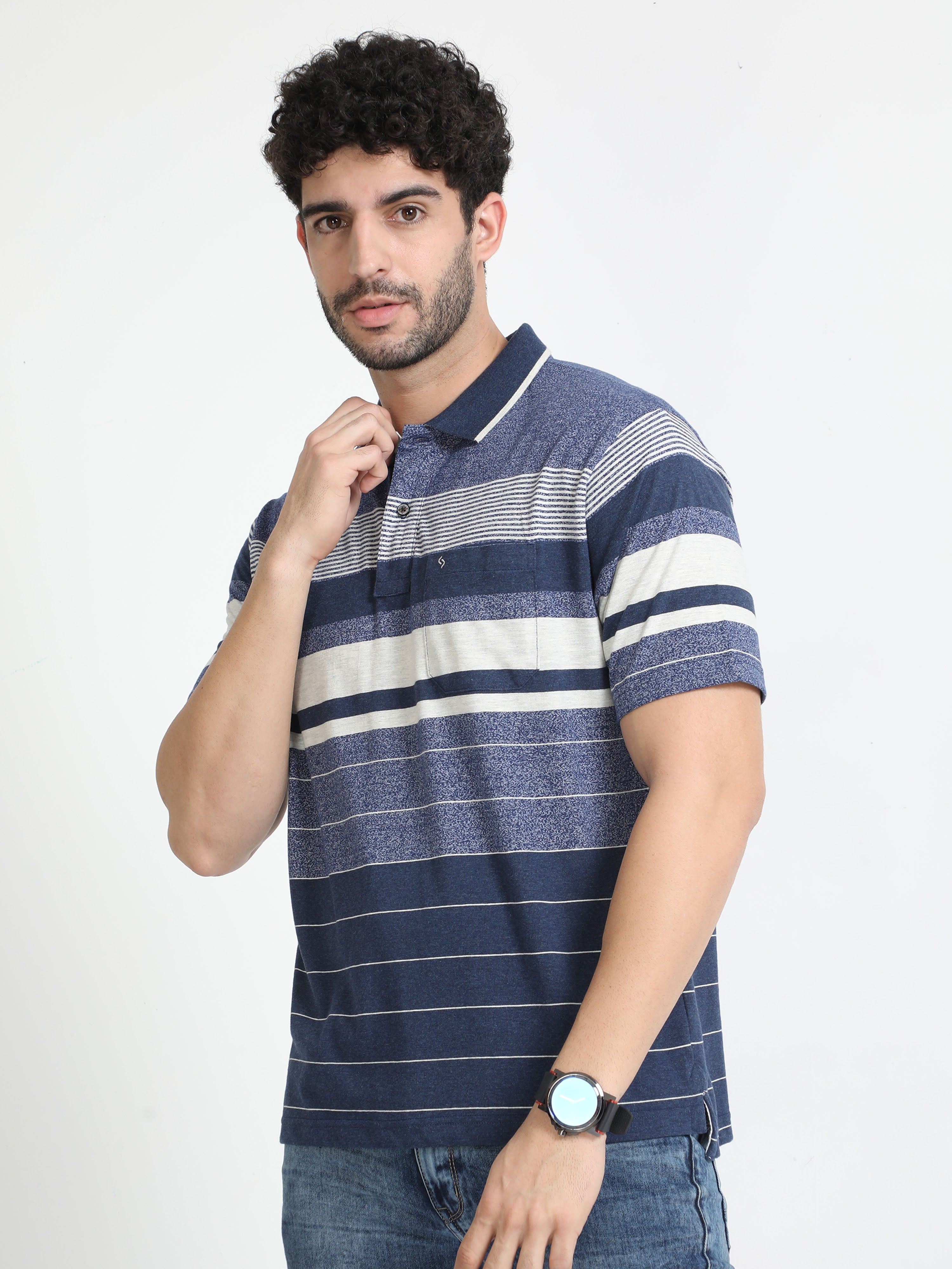 Classic Polo Mens Cotton Half Sleeves Striped Authentic Fit Polo Neck Blue Color T-Shirt | Mel - 245 A Af P