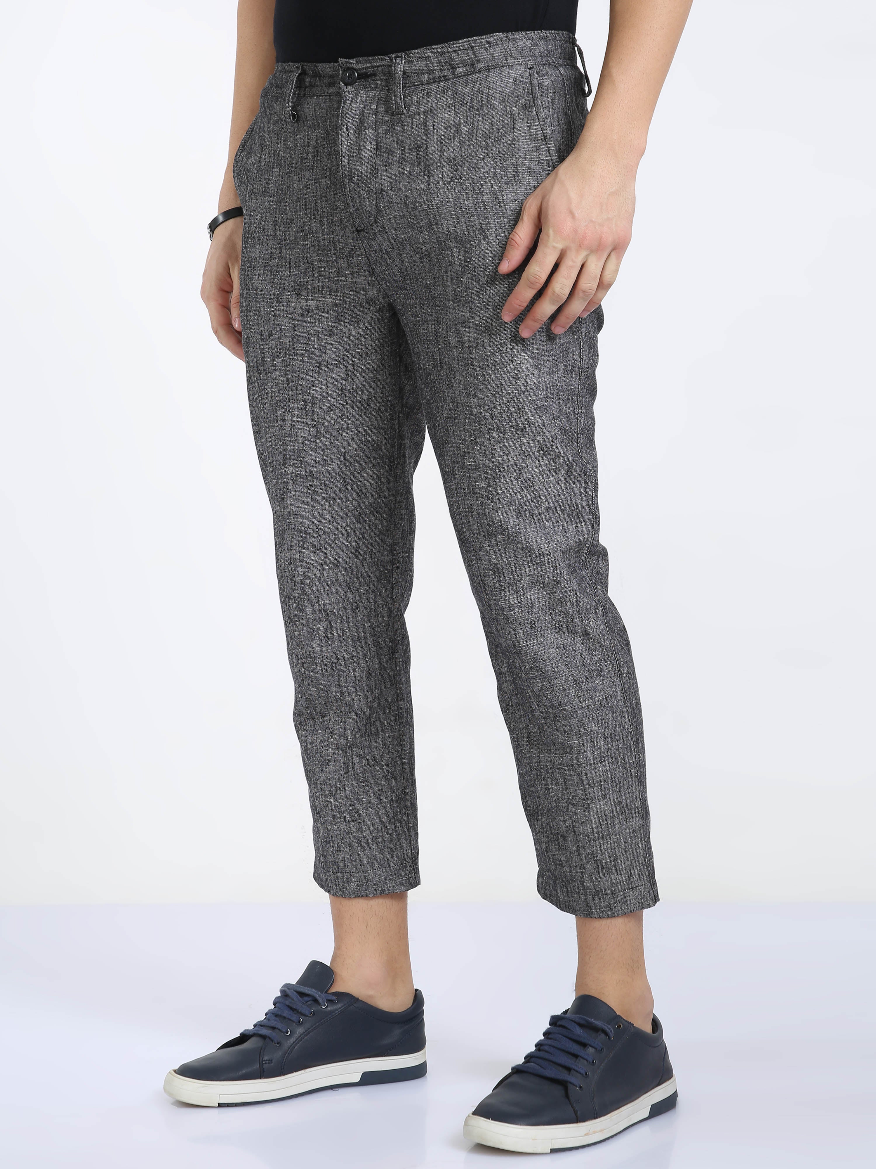 Classic Polo Mens Ankle Fit Solid Black Melange Color Trousers | To2-27 B-Blk-Al-Ly