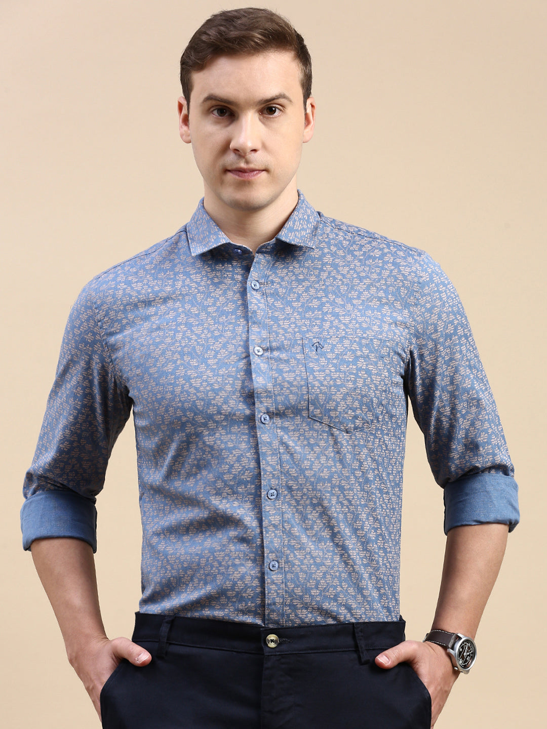 CP BRO Men's Polo Neck Cotton Blue Slim Fit Printed Shirt | SBO2-22B-FS-PRT-BSL