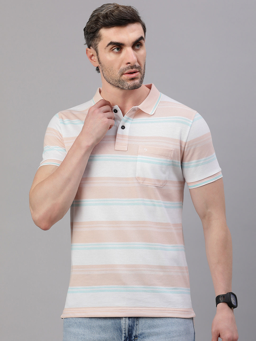 Classic Polo Men's Half Sleeve Multicolor Polo Neck Slim Fit Striped T-Shirt||ADORE - 232 B SF P