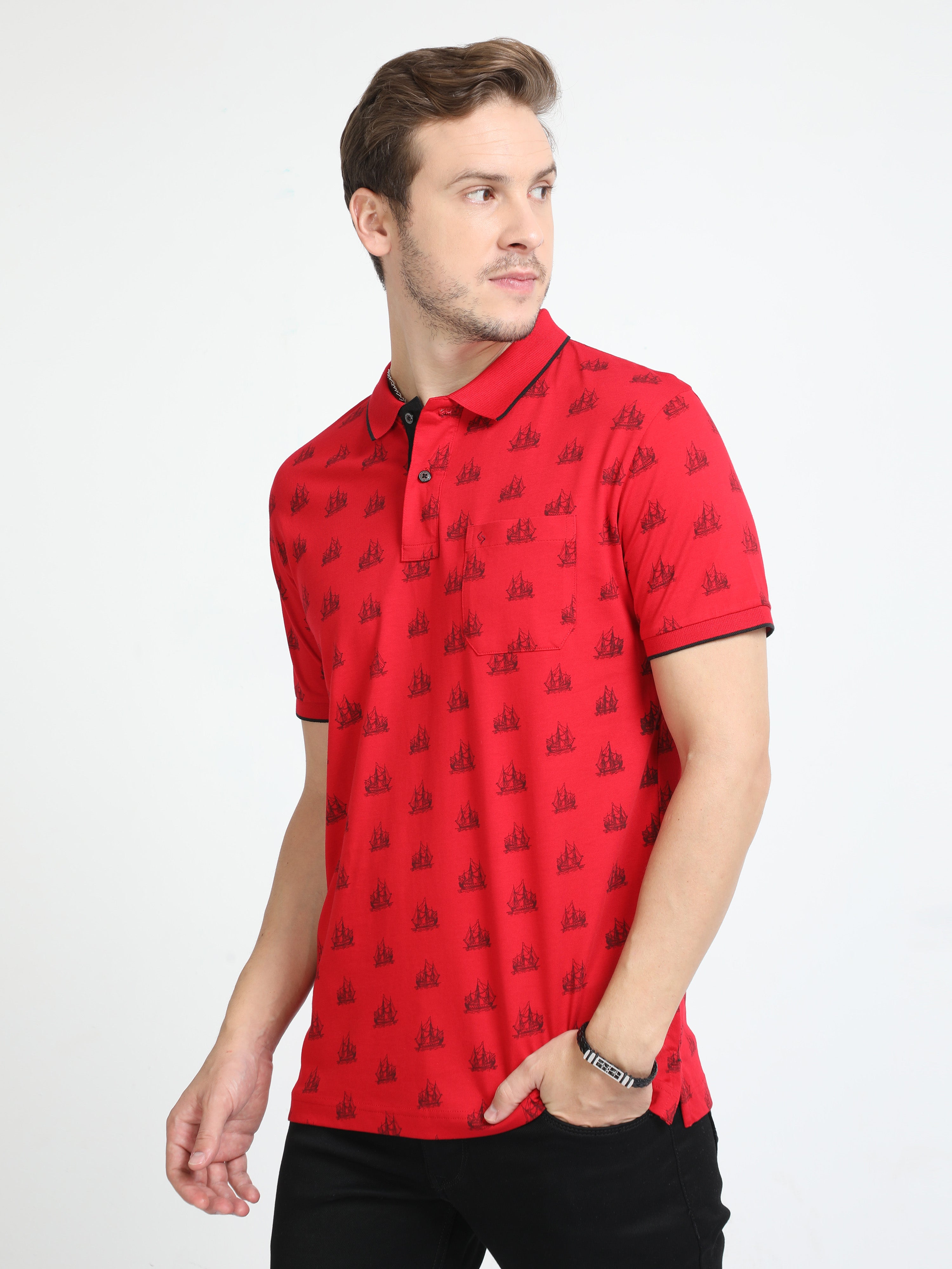 Classic Polo Mens Cotton Half Sleeves Floral Slim Fit Polo Neck Red Color T-Shirt | Bello - 227 A Sf P