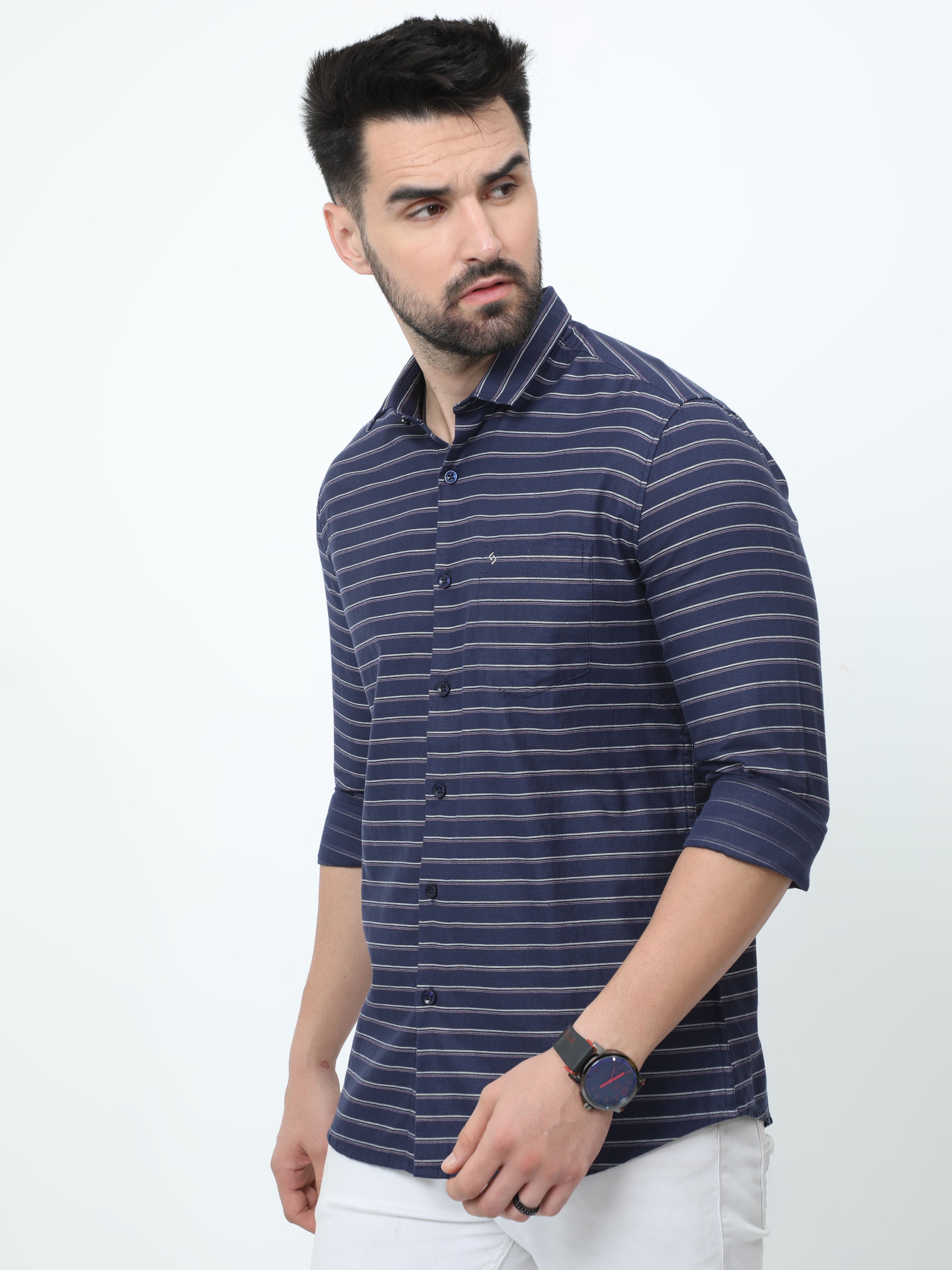 Classic Polo Mens Pure Cotton Full Sleeves Striped Slim Fit Polo Neck Navy Blue Color Woven Shirt | So2-173 A-Fs-Str-Sf