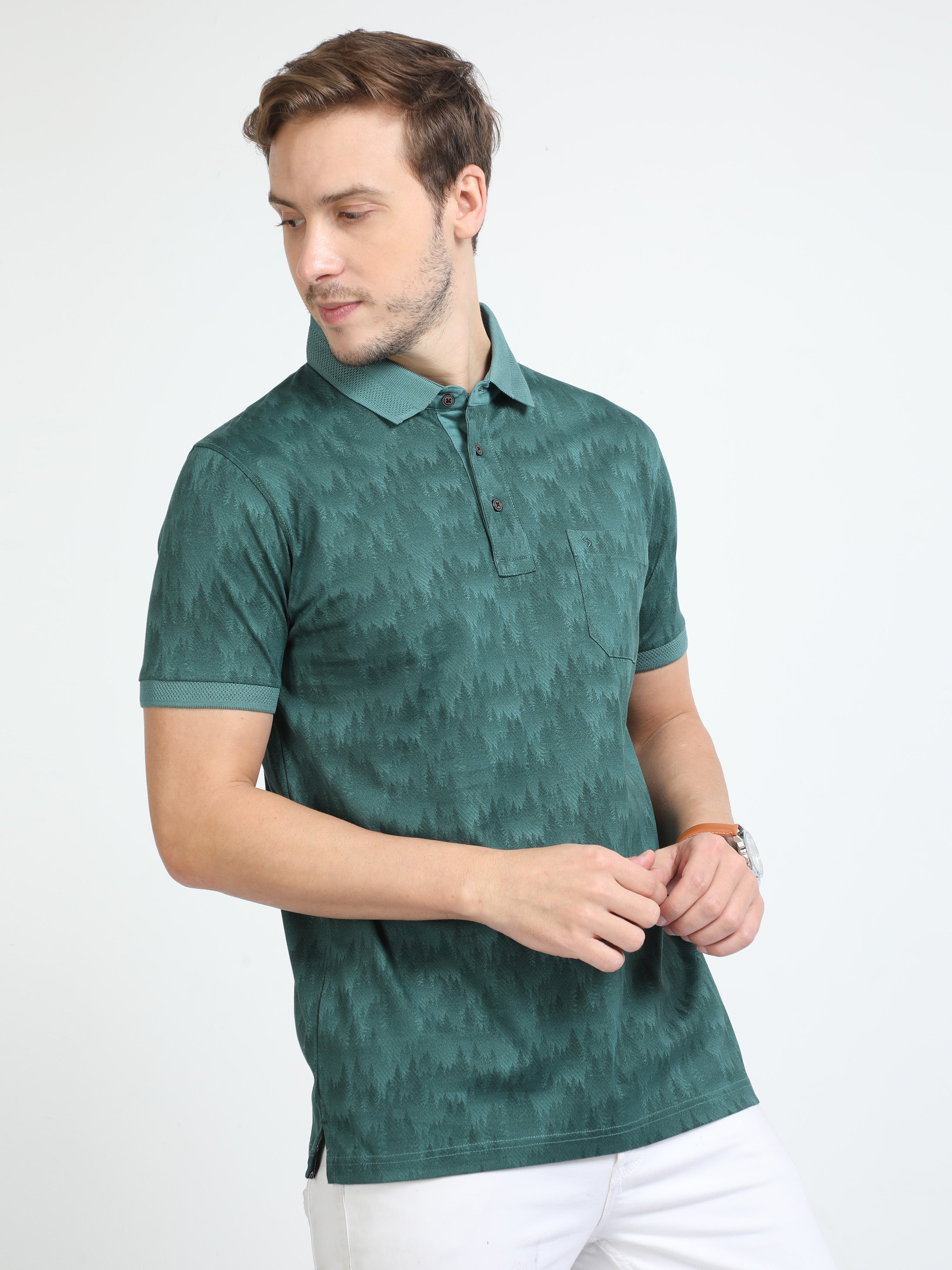 Classic Polo Mens Cotton Half Sleeves Floral Slim Fit Polo Neck Green Color T-Shirt | Scant - 31 A Sf P