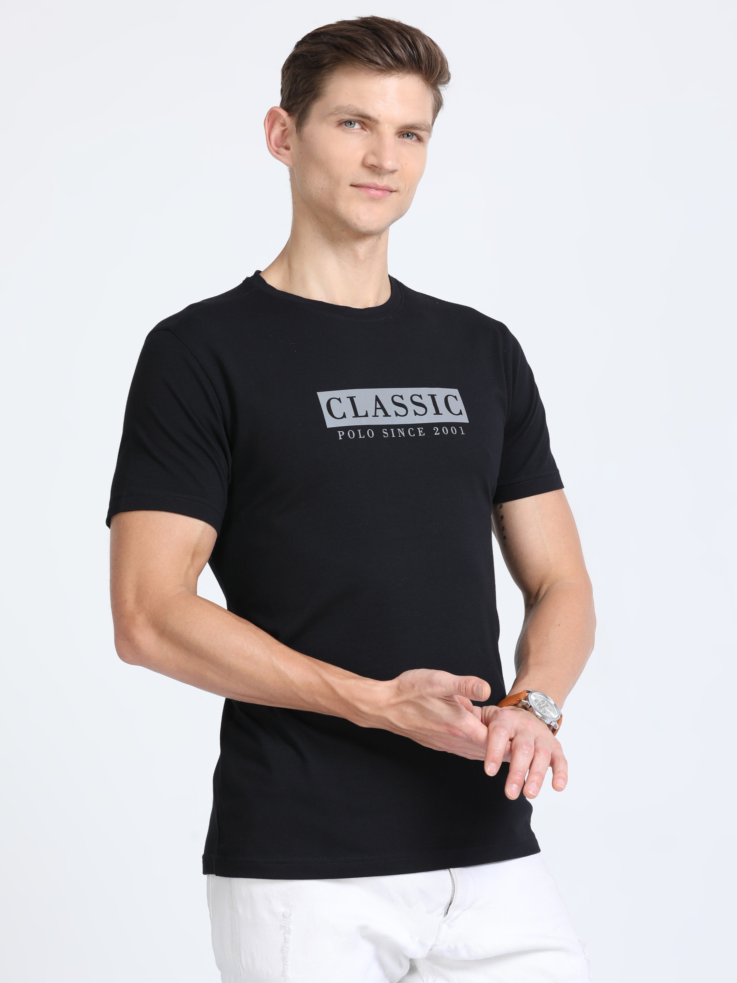 Classic Polo Mens Cotton Half Sleeves Printed Slim Fit Crew Neck Black Color T-Shirt | Baleno - 564 A Sf C