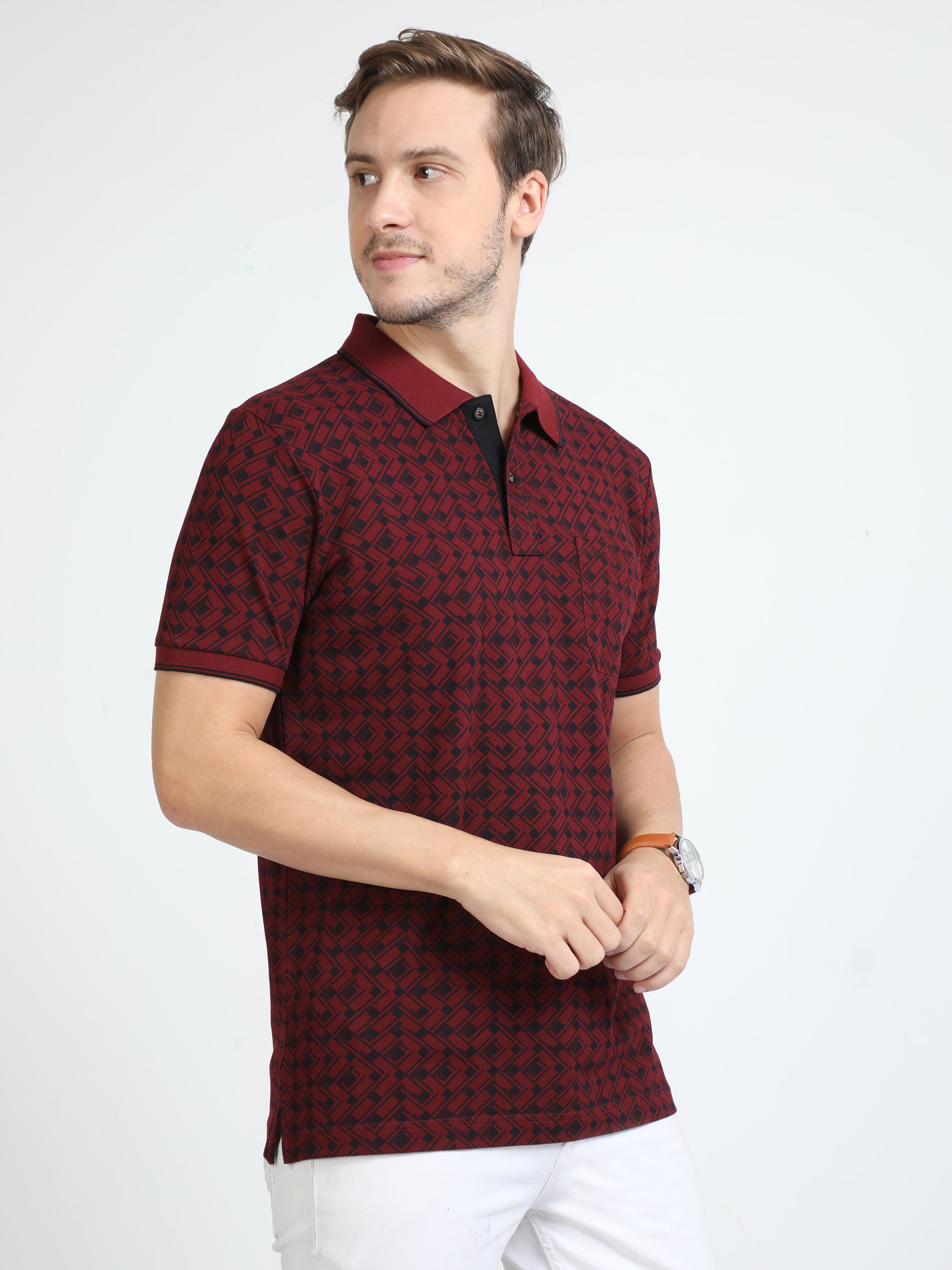 Classic Polo Mens Cotton Half Sleeves Floral Slim Fit Polo Neck Maroon Color T-Shirt | Beau - 223 B Sf P