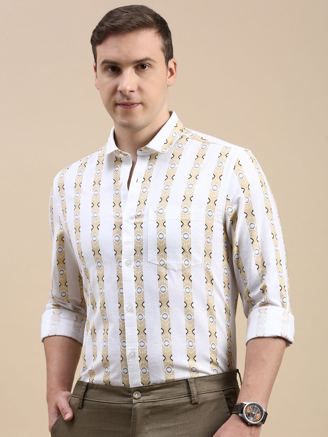 Classic Polo Men's Polo Neck Cotton Linen White/Yellow Slim Fit Striped Shirt | LINEN-37A-FS-PRT-SF