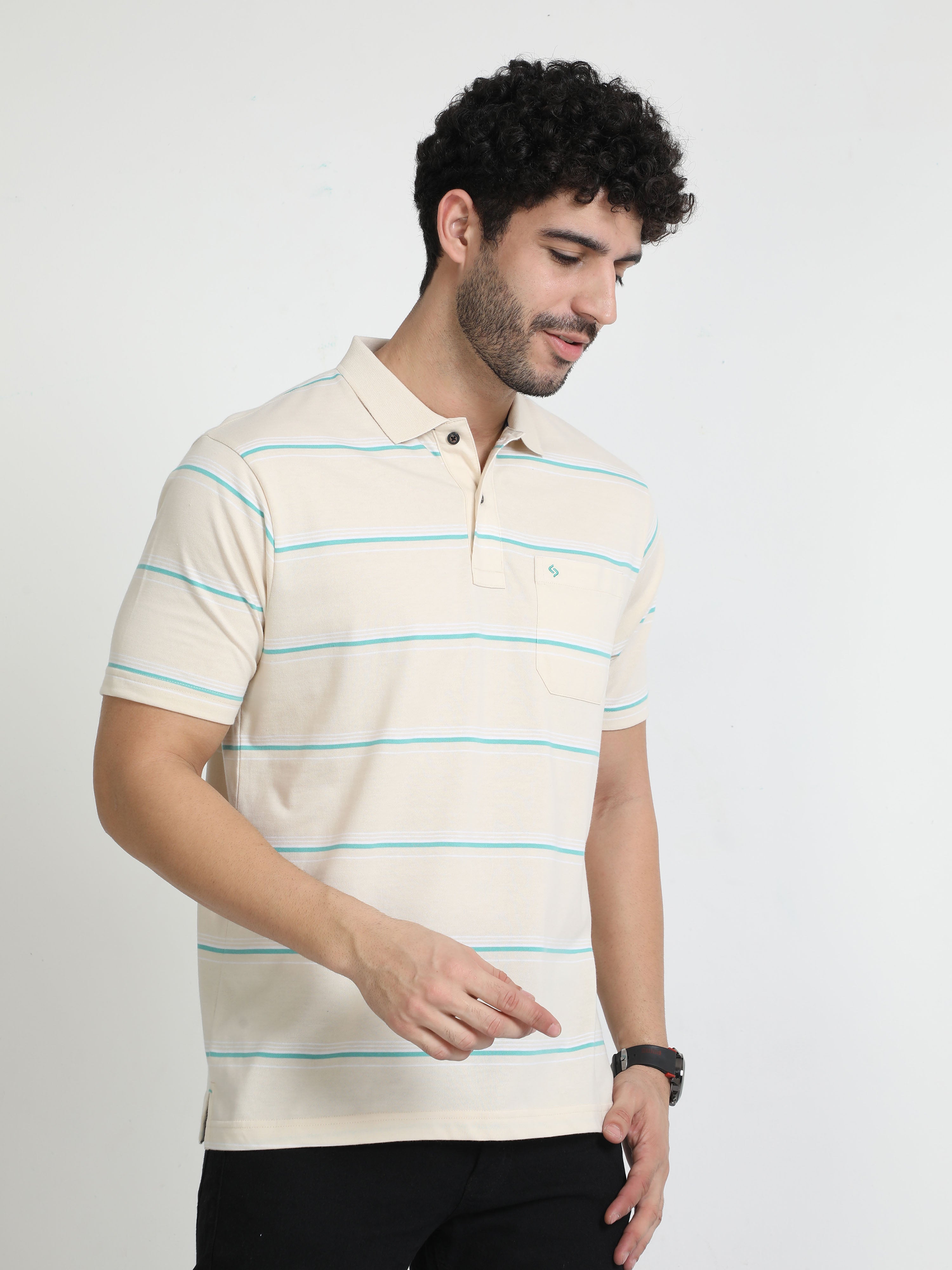 Classic Polo Mens Cotton Half Sleeves Striped Authentic Fit Polo Neck Cream Color T-Shirt | Avon - 538 A Af P