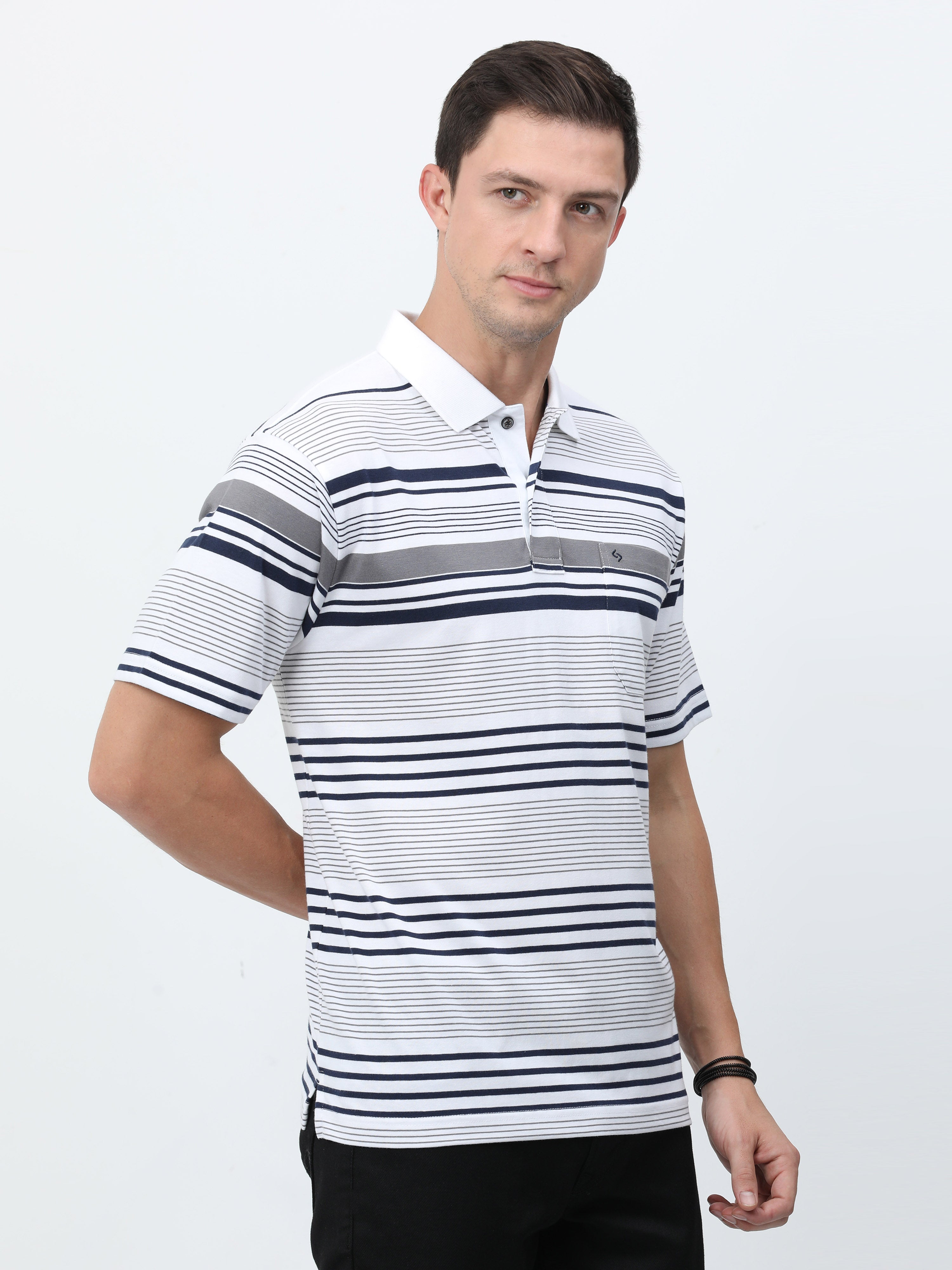 Classic Polo Mens Cotton Half Sleeves Striped Authentic Fit Polo Neck White Color T-Shirt | Avon - 549 A Af P
