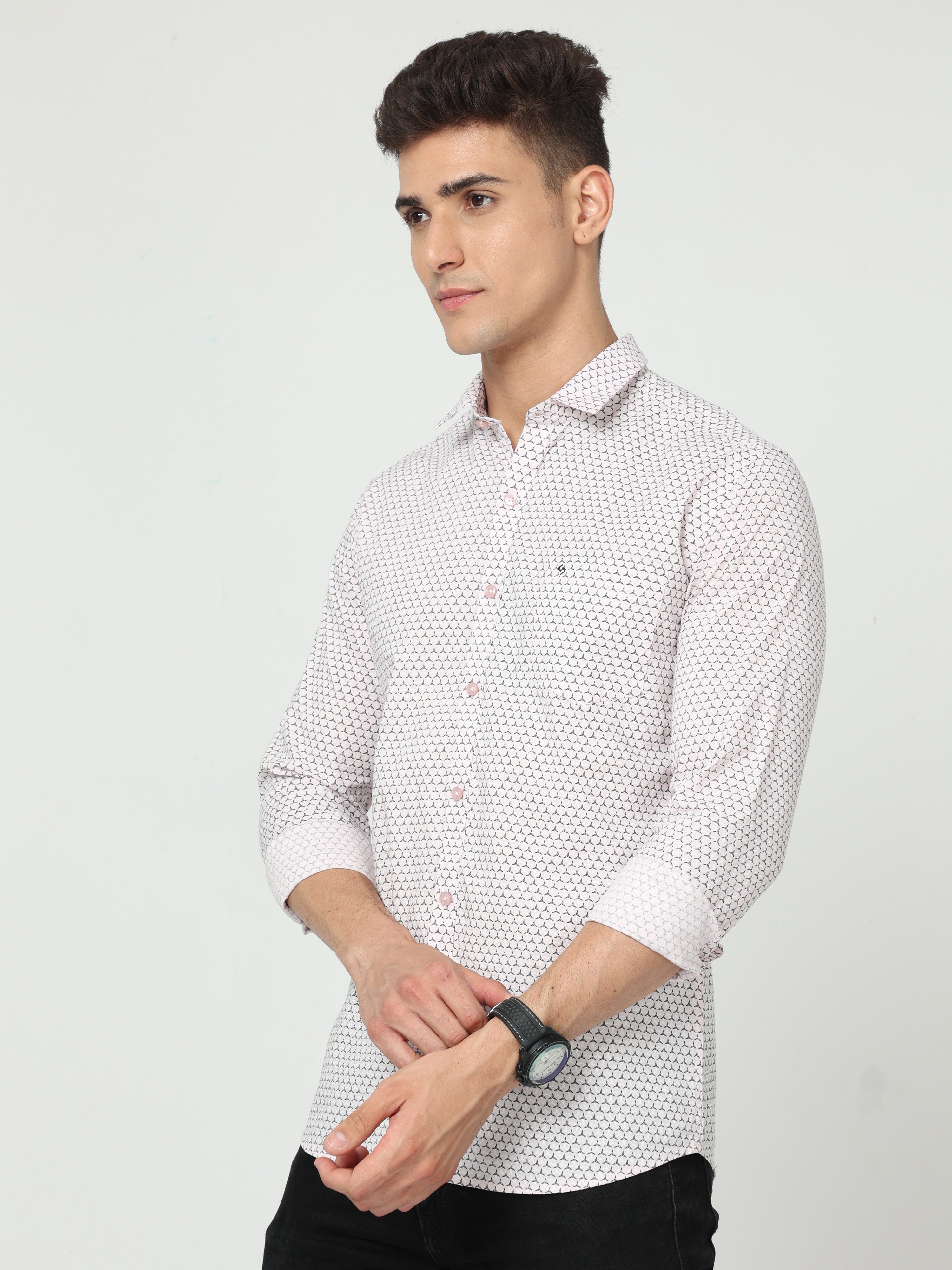 Classic Polo Men's Cotton Full Sleeve Printed Slim Fit Polo Neck Pink Color Woven Shirt | So1-147 A