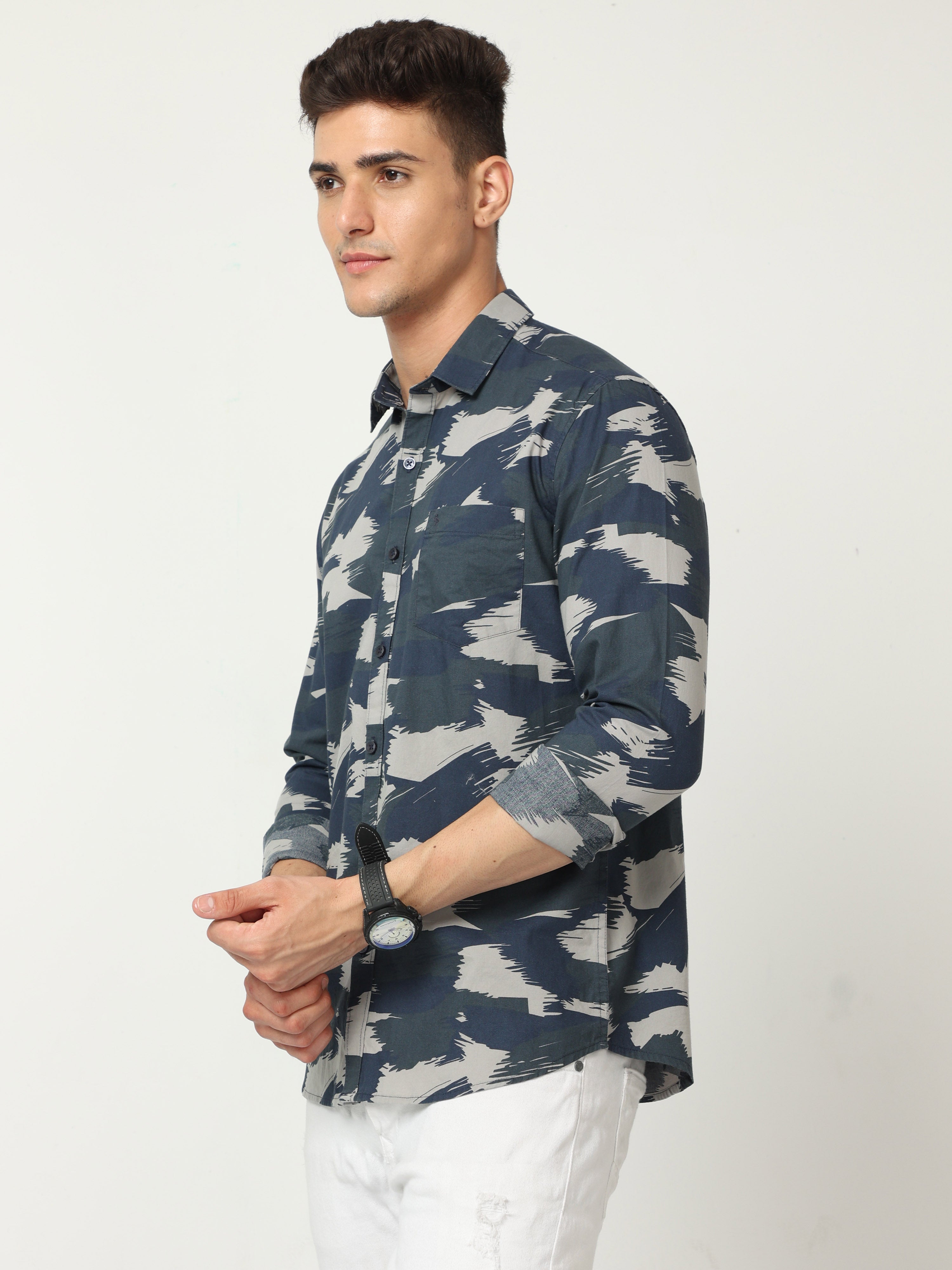 Classic Polo Mens Cotton Full Sleeve Printed Slim Fit Polo Neck Multicolor Woven Shirt | SO1-155 B-FS-PRT