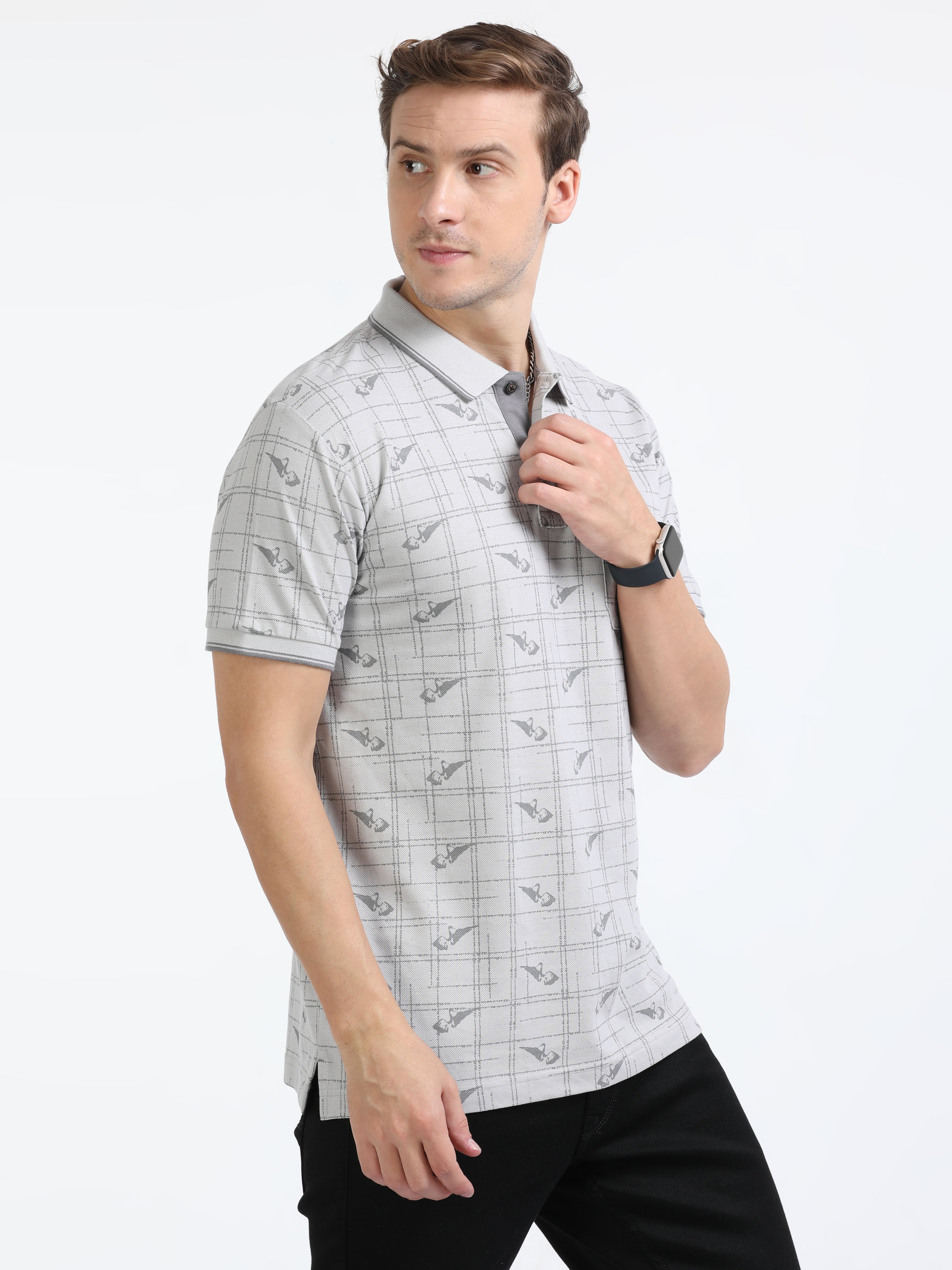 Classic Polo Mens Cotton Half Sleeves Floral Slim Fit Polo Neck Grey Color T-Shirt | Beau - 224 A Sf P