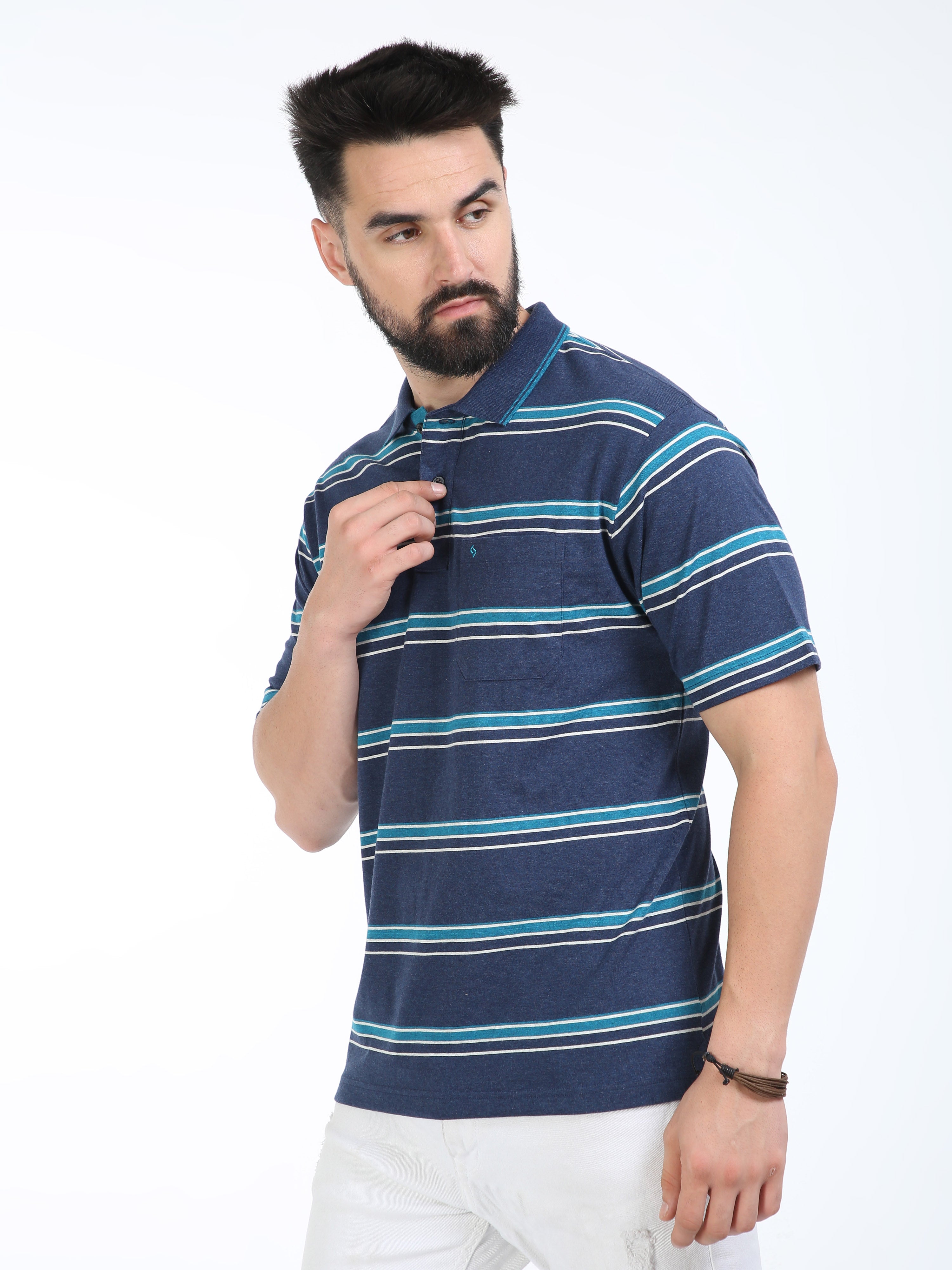 Classic Polo Mens Cotton Half Sleeves Striped Authentic Fit Polo Neck Blue Color T-Shirt | Mel - 241 A Af P
