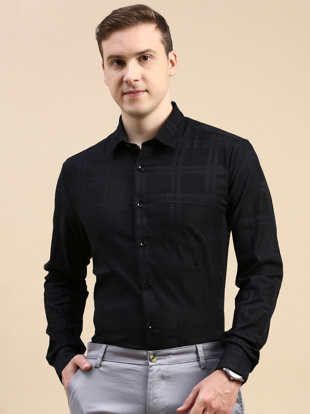 Classic Polo Men's Polo Neck Cotton Black Slim Fit Checked Shirt | SO2-107 B-FS-CHK-SF