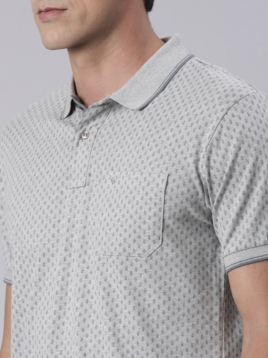 Classic Polo Men's Half Sleeve Grey Polo Neck Slim Fit All Over Print Cotton T-Shirt | BELLO - 344 A SF P