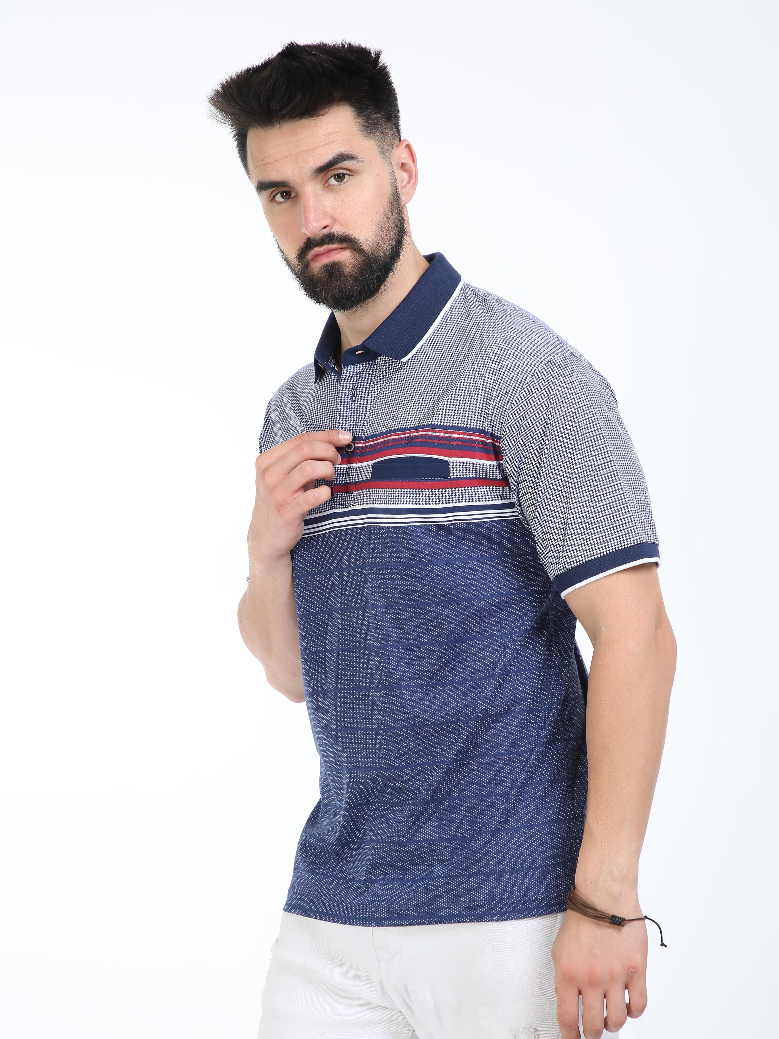 Classic Polo Mens Pure Cotton Half Sleeves Striped Authentic Fit Polo Neck Navy Blue Color T-Shirt | Carve Polo - 21 A Af P