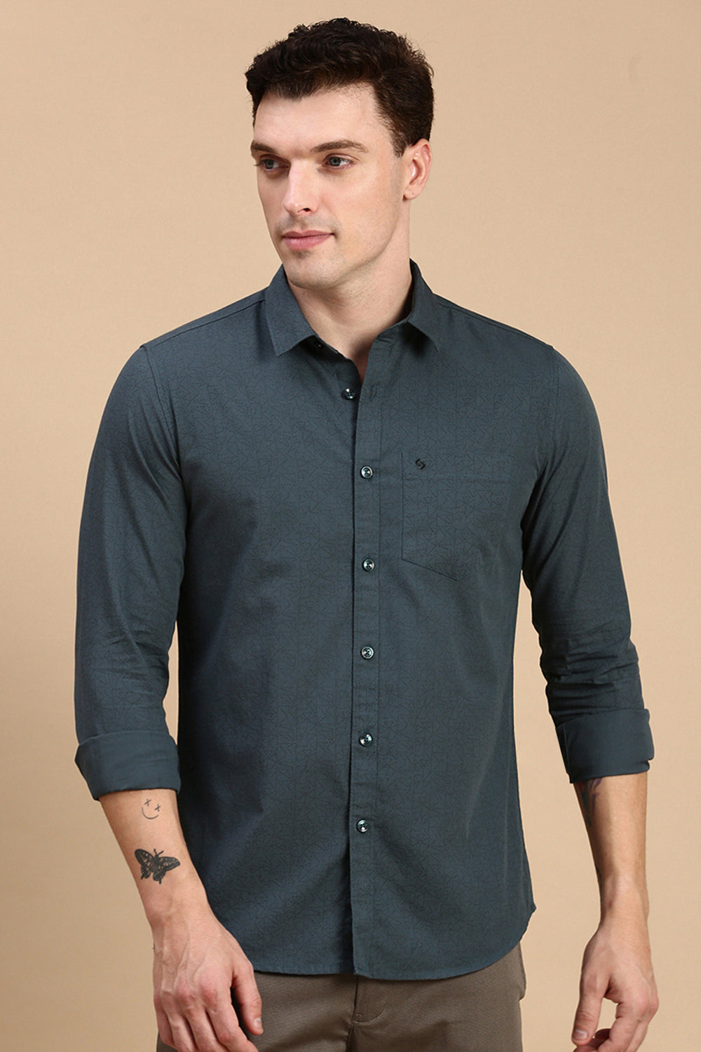 Classic Polo Men's Full Sleeve Dark Teal Polo Neck Slim Fit All Over Print Shirt | SP2-CL-74 A-FS-PRT-SF