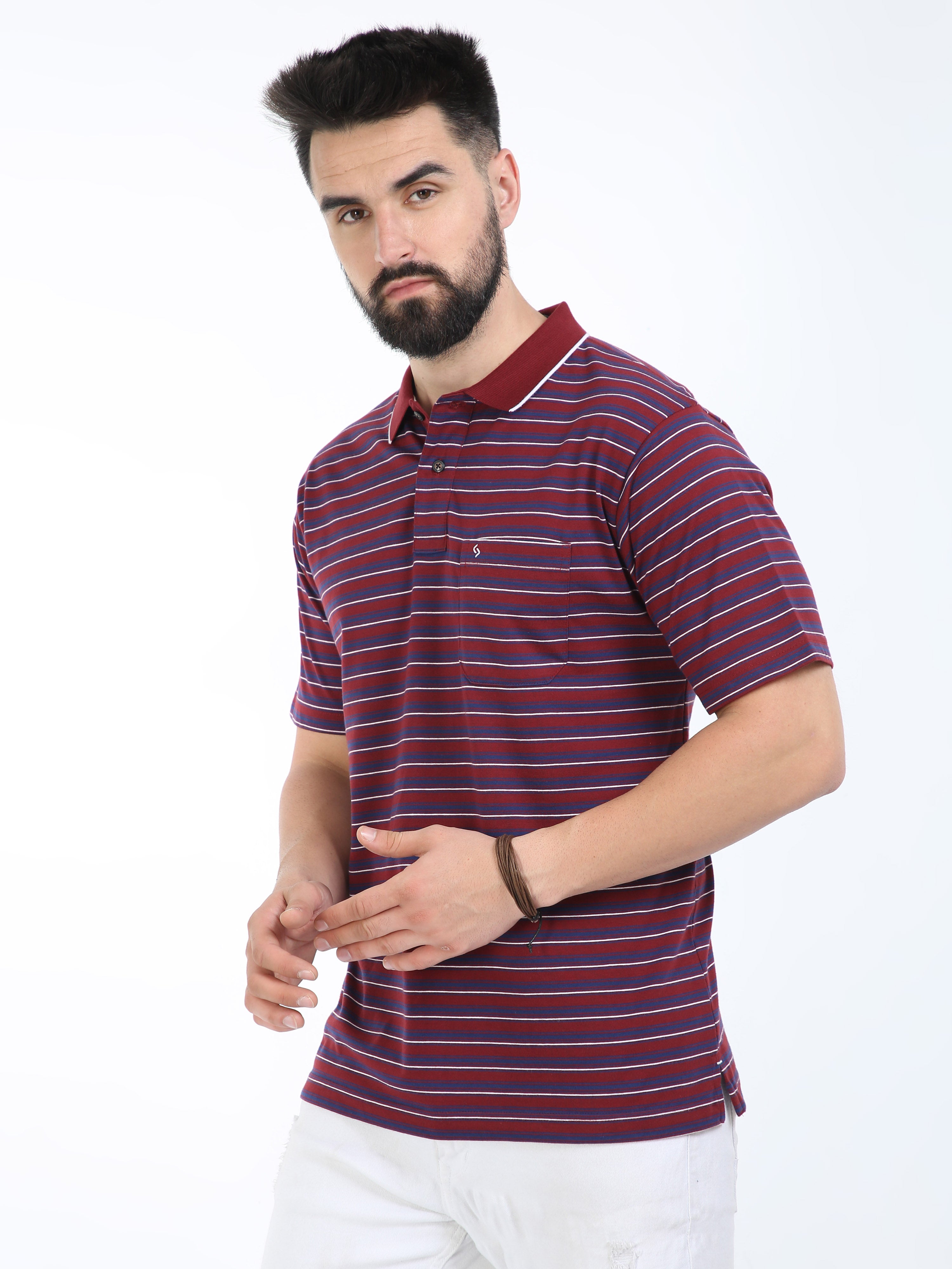 Classic Polo Mens Cotton Half Sleeves Striped Authentic Fit Polo Neck Maroon Color T-Shirt | Feeders-239 B Af P