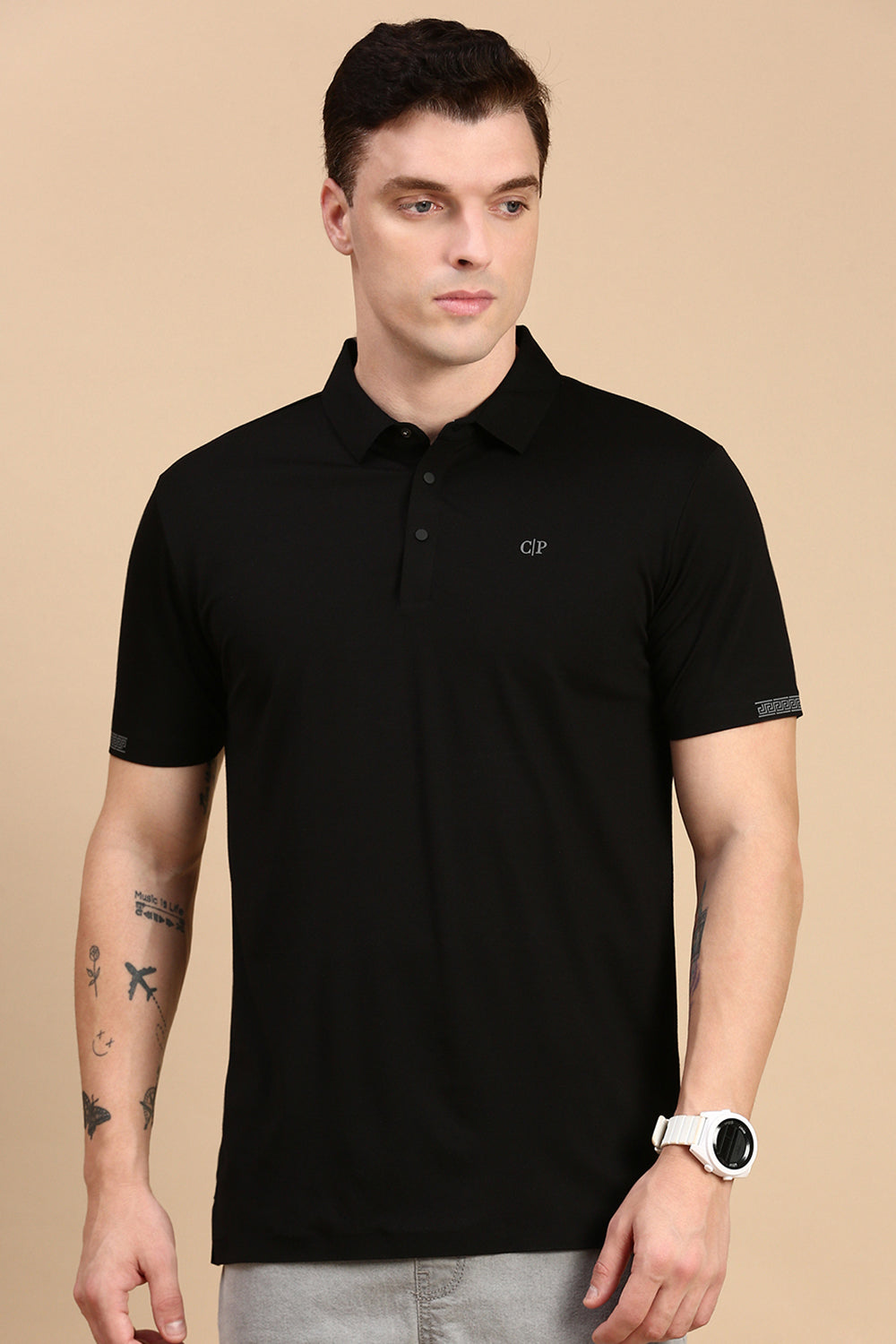 Classic Polo Men's Half Sleeve Black Polo Neck Slim Fit Solid T-Shirt