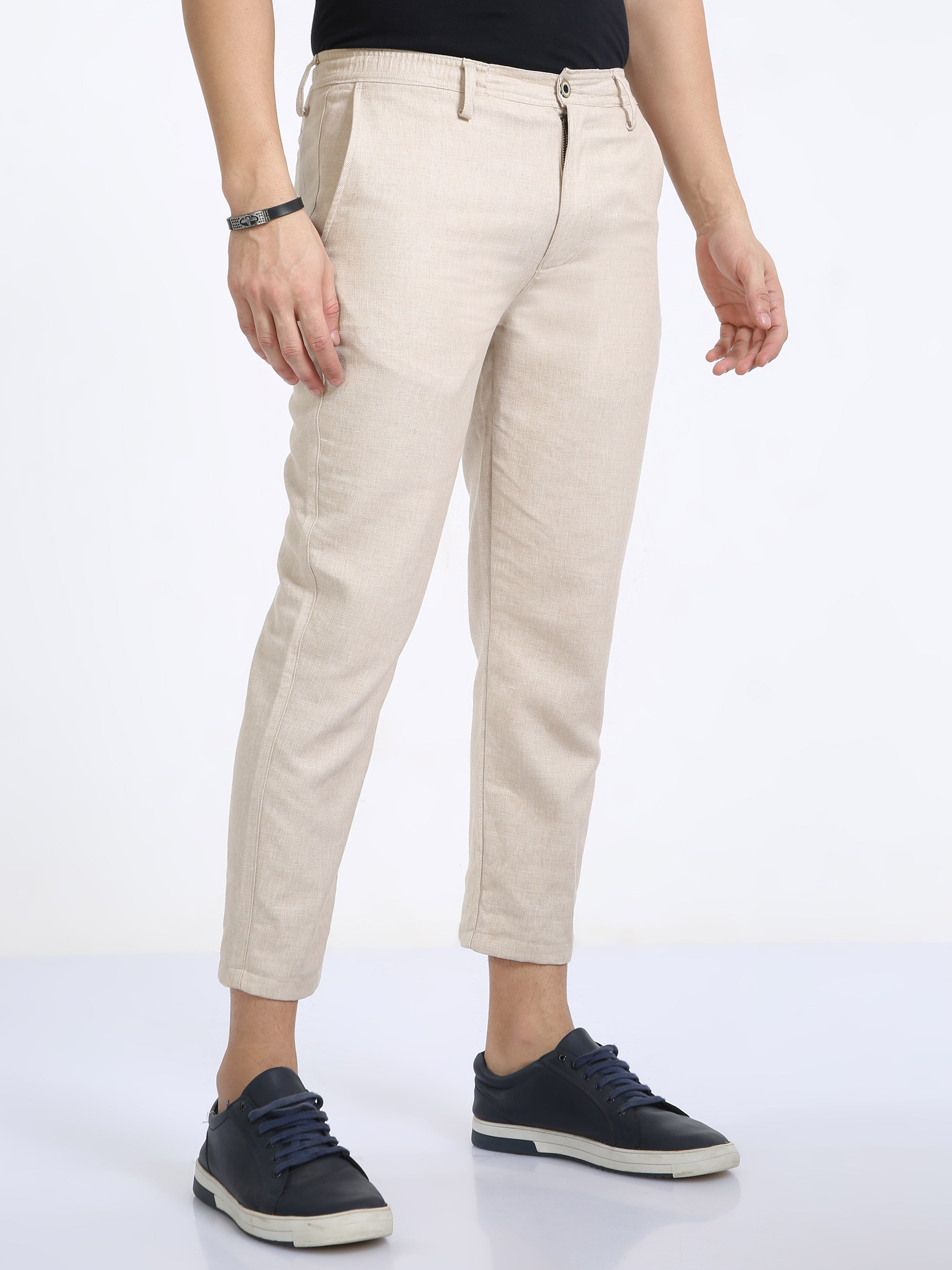 Classic Polo Mens Ankle Fit Solid Cream Melange Color Trousers | To2-28 C-Lgry-Al-Ly