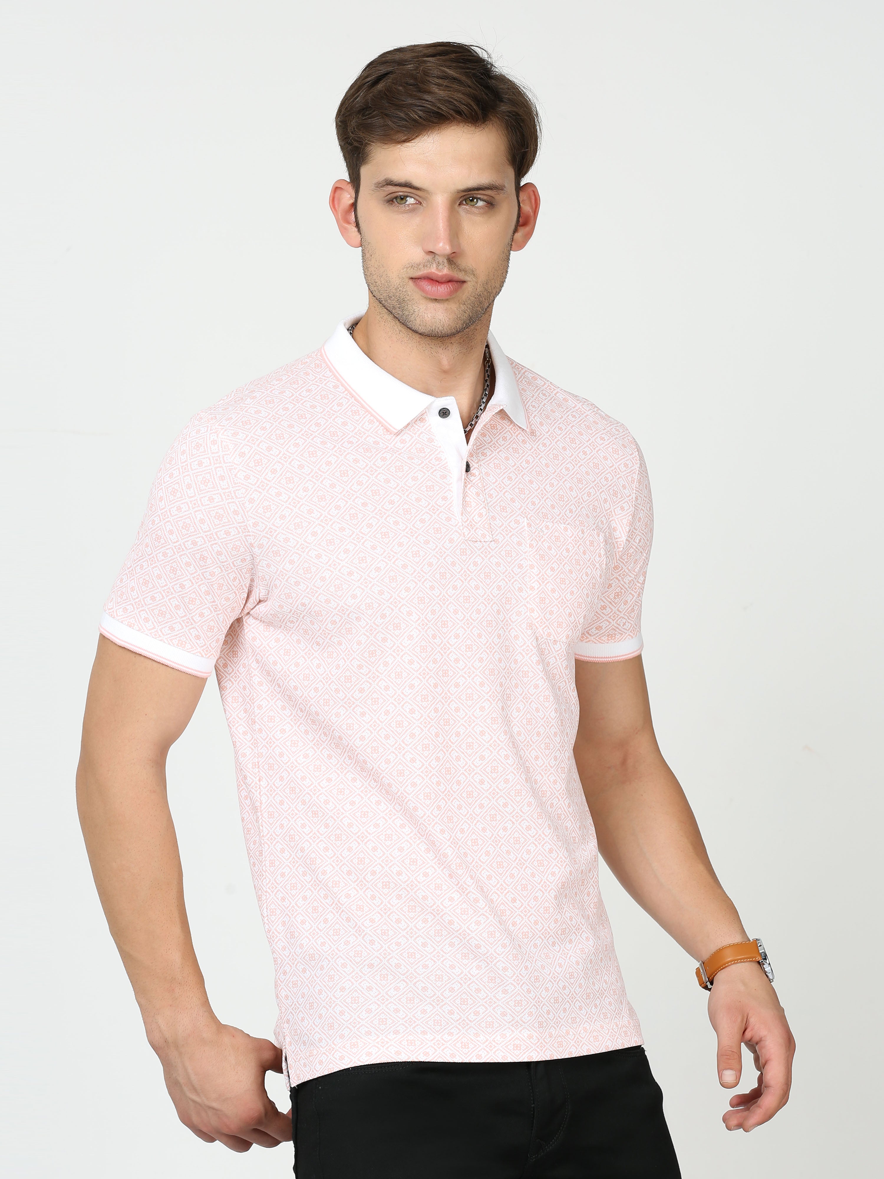 Classic Polo Mens Pure Cotton Half Sleeves Floral Slim Fit Polo Neck Pink Color T-Shirt | Beau - 211 B Sf P