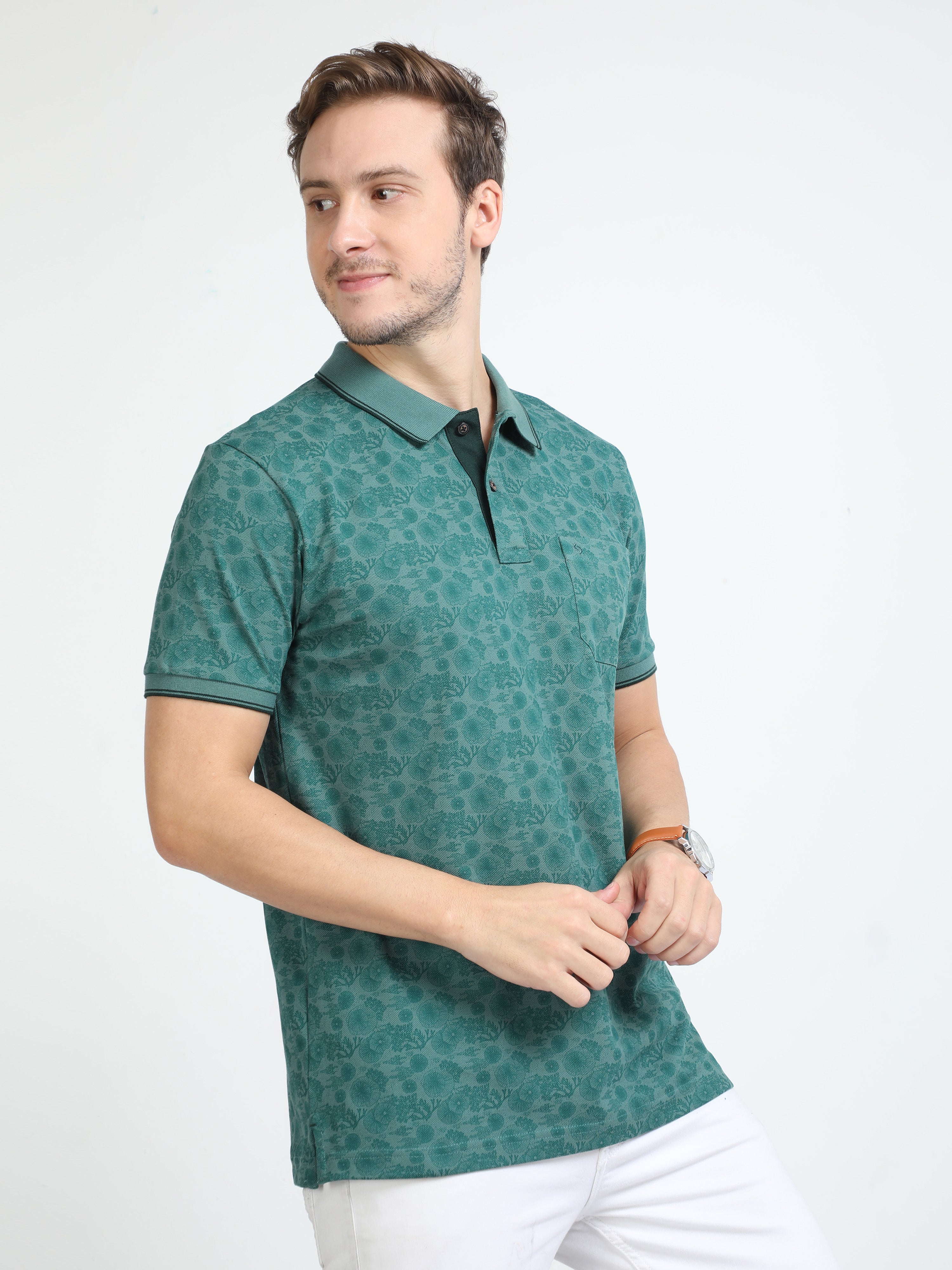 Classic Polo Mens Cotton Half Sleeves Floral Slim Fit Polo Neck Green Color T-Shirt | Beau - 219 A Sf P
