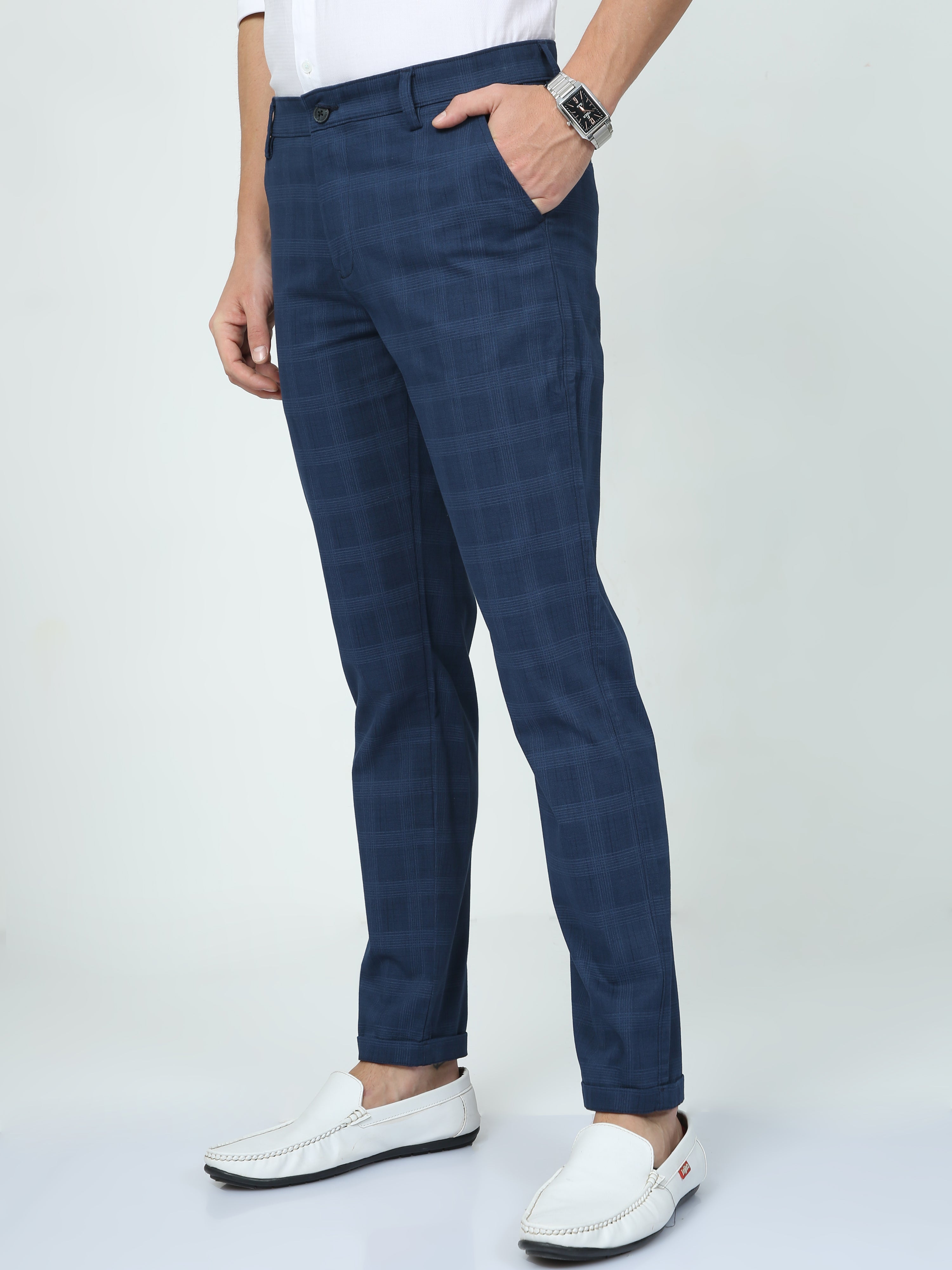 CP BRO Mens Ankle Fit Checked Navy Color Trousers | Tbo2-09 A-Nvy-Af-Ly