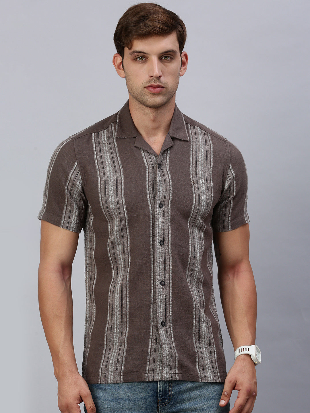 Classic Polo Men's Half Sleeve Brown/Grey Polo Neck Slim Fit Striped Shirt | SP2-GN-11 B-HS-STR-BSL