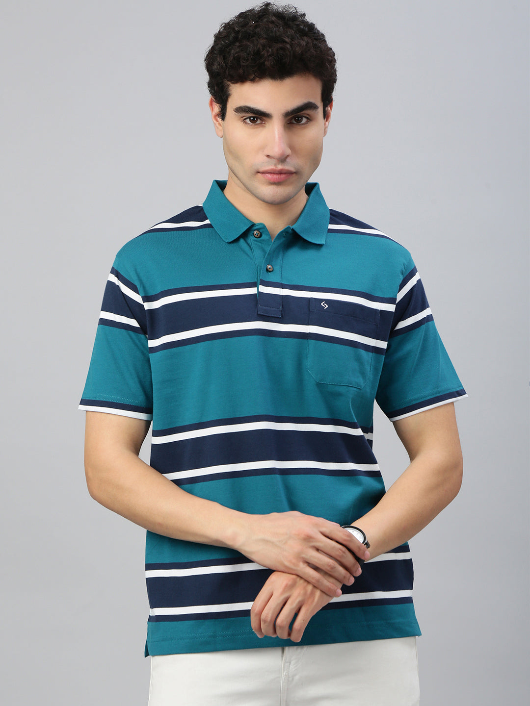 Classic Polo Men's Half Sleeve Teal Blue/Navy Polo Neck Authentic Fit Striped T-Shirt||AVON - 614 B AF P
