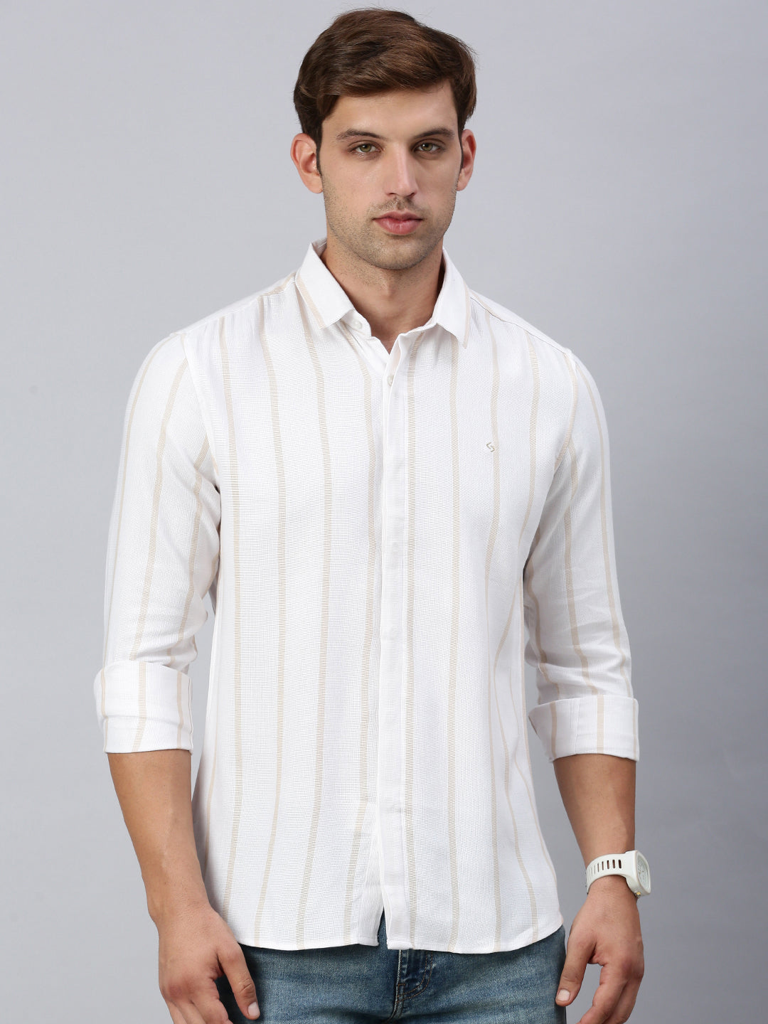 Classic Polo Men's Full Sleeve White/Beige Slim Fit Striped Casual Shirt | SP2-EL-01 C-FS-STR-SF