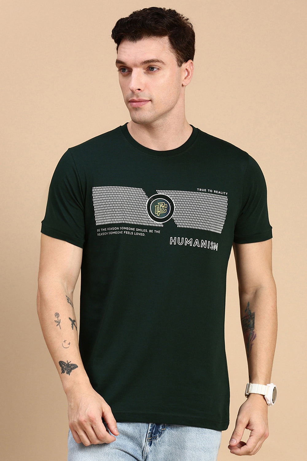Classic Polo Men's Half Sleeve Dark Green Crew Neck Slim Fit Printed T-Shirt | BALENO - 608 B SF C