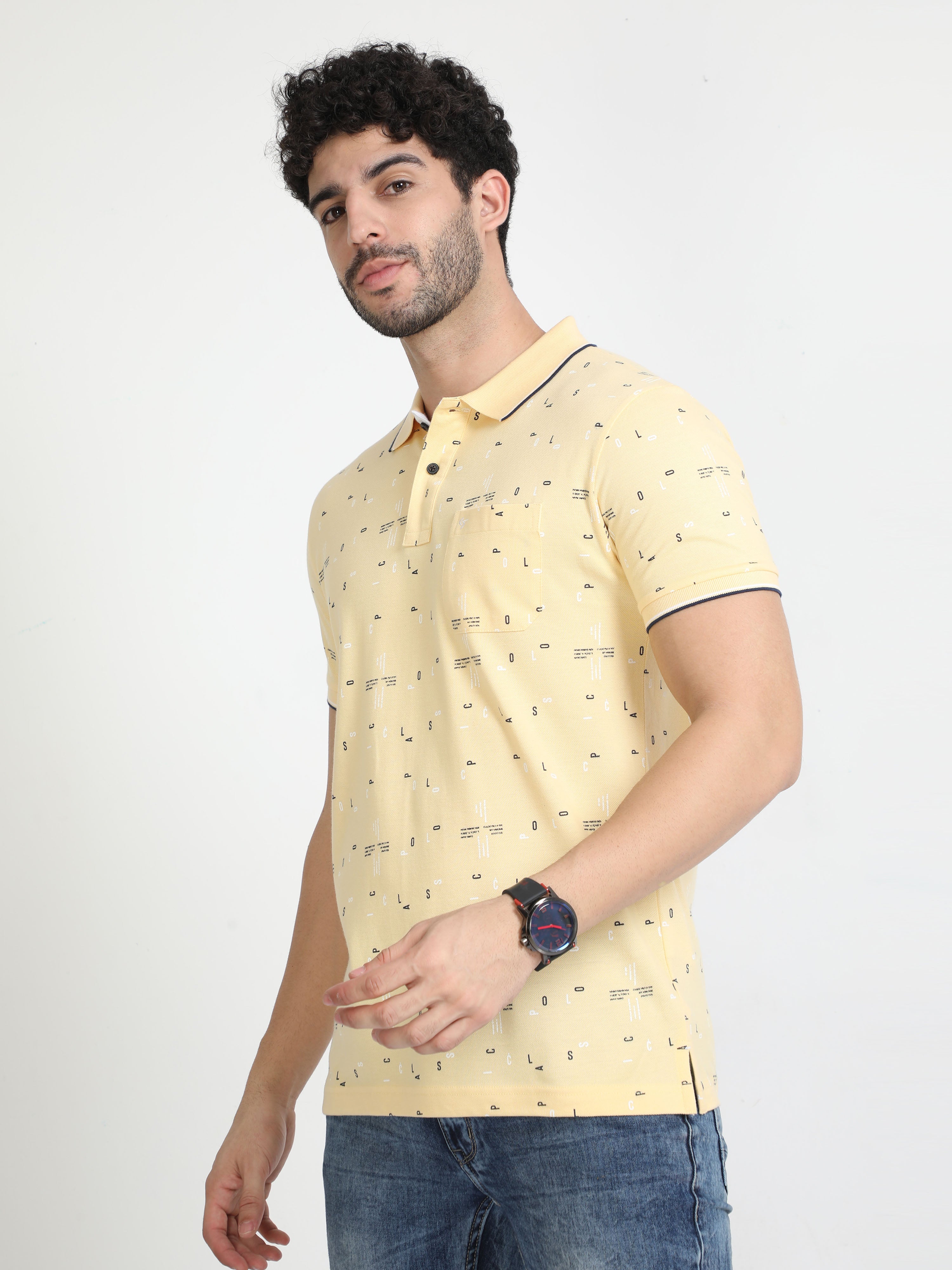Classic Polo Mens Pure Cotton Half Sleeves Printed Slim Fit Polo Neck Yellow Color T-Shirt | Beau - 212 B Sf P