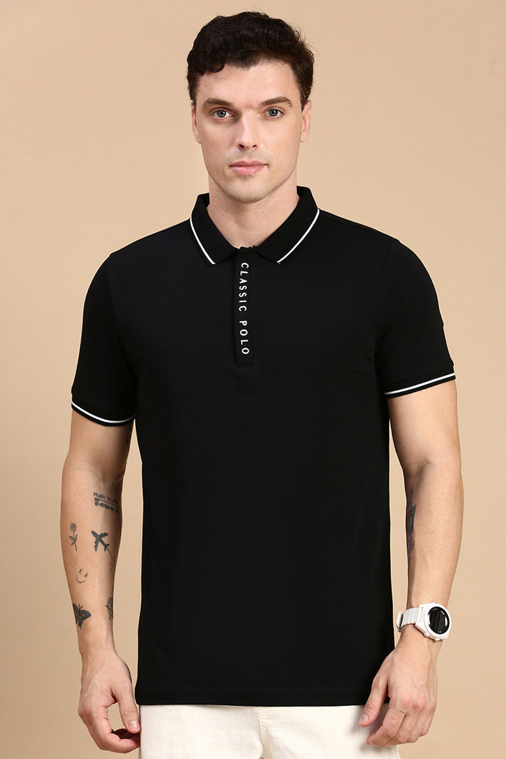 Classic Polo Men's Half Sleeve Black Polo Neck Slim Fit Solid T-Shirt ELITE-POLO-18 B SF P