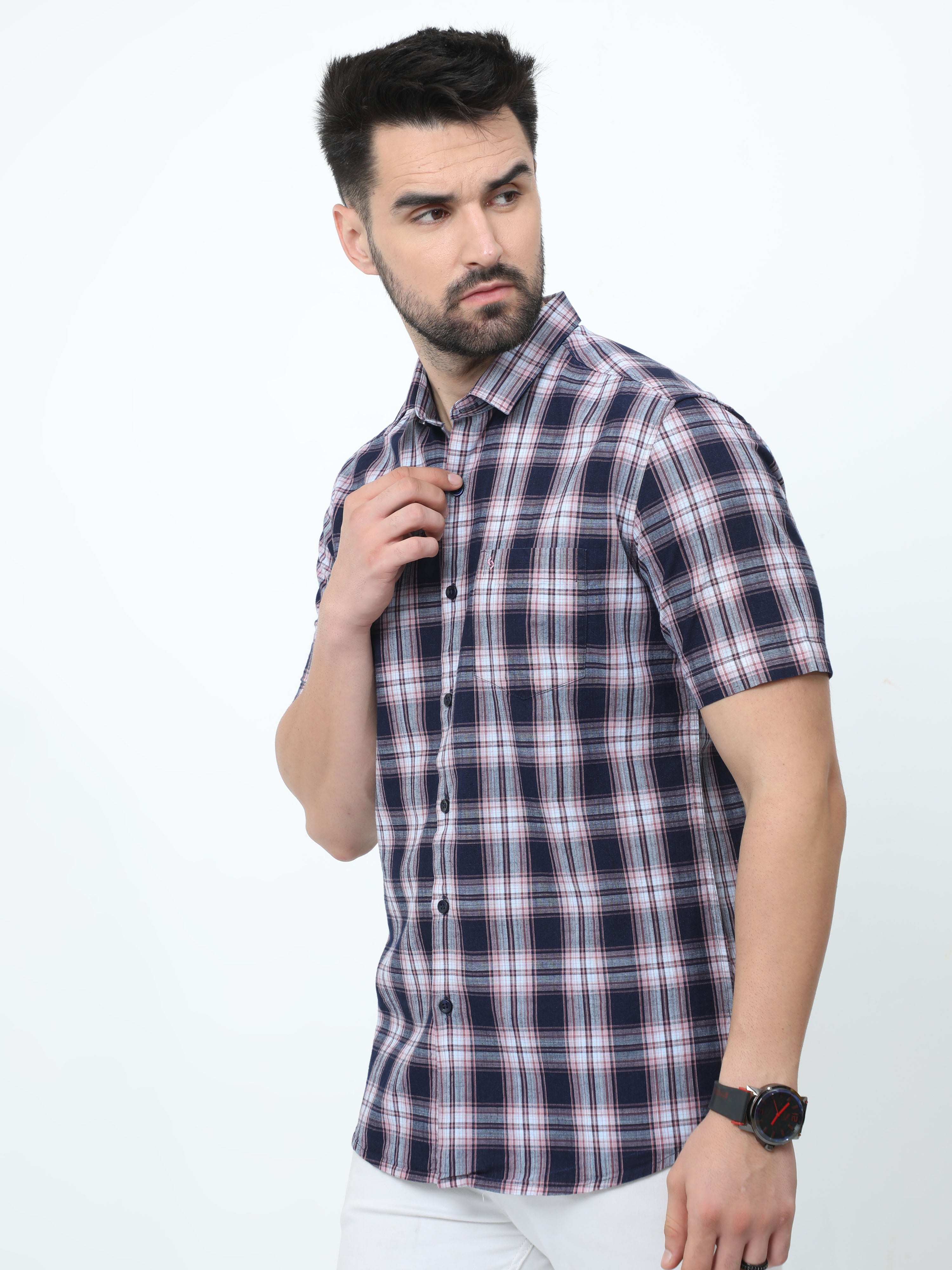 Classic Polo Mens Pure Cotton Half Sleeves Checked Slim Fit Polo Neck Black Color Woven Shirt | So2-174 A-Hs-Chk-Sf