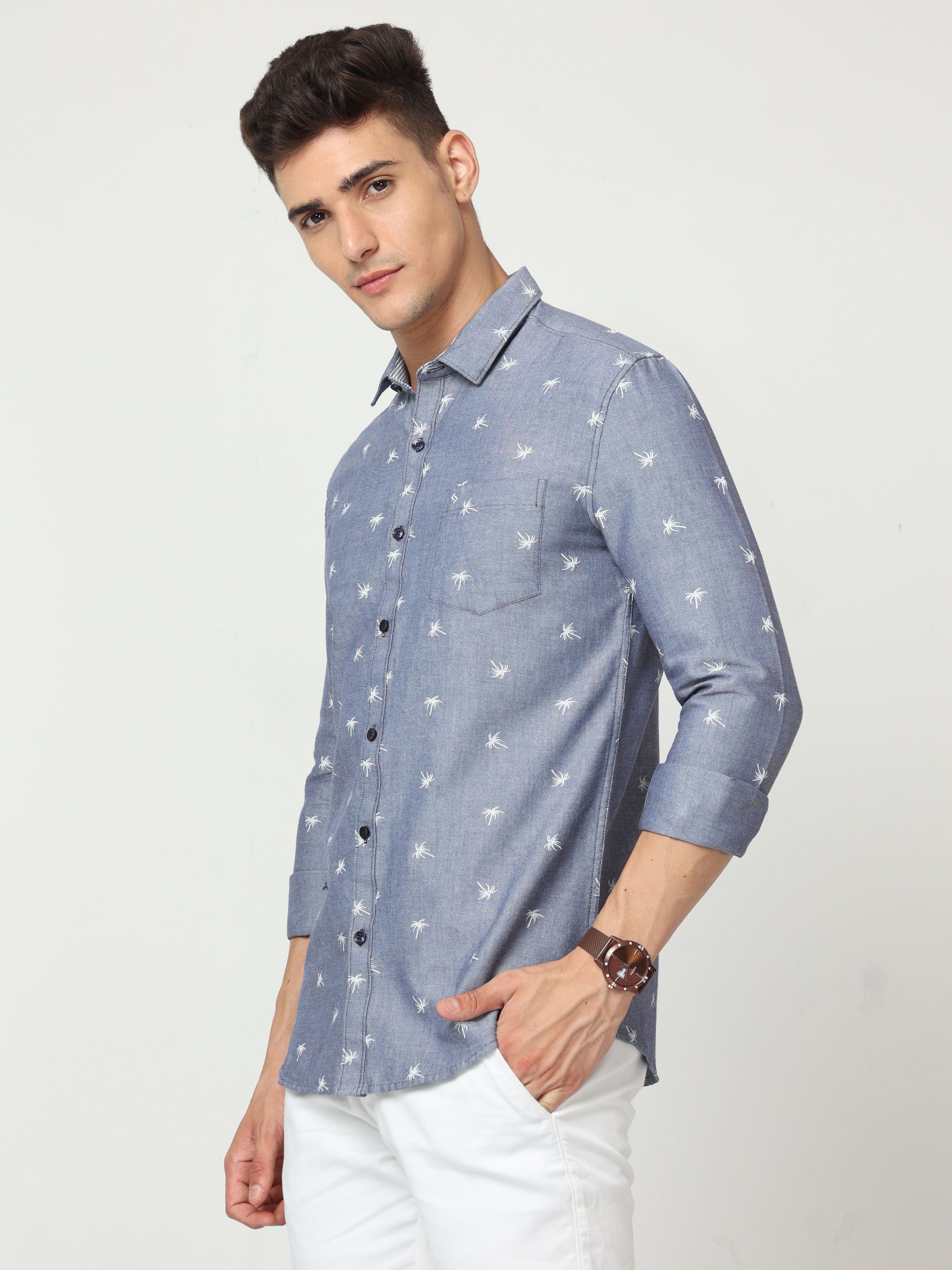 Classic Polo Mens Cotton Full Sleeve Printed Slim Fit Polo Neck Blue Color Woven Shirt | SO1-177 A-FS-PRT