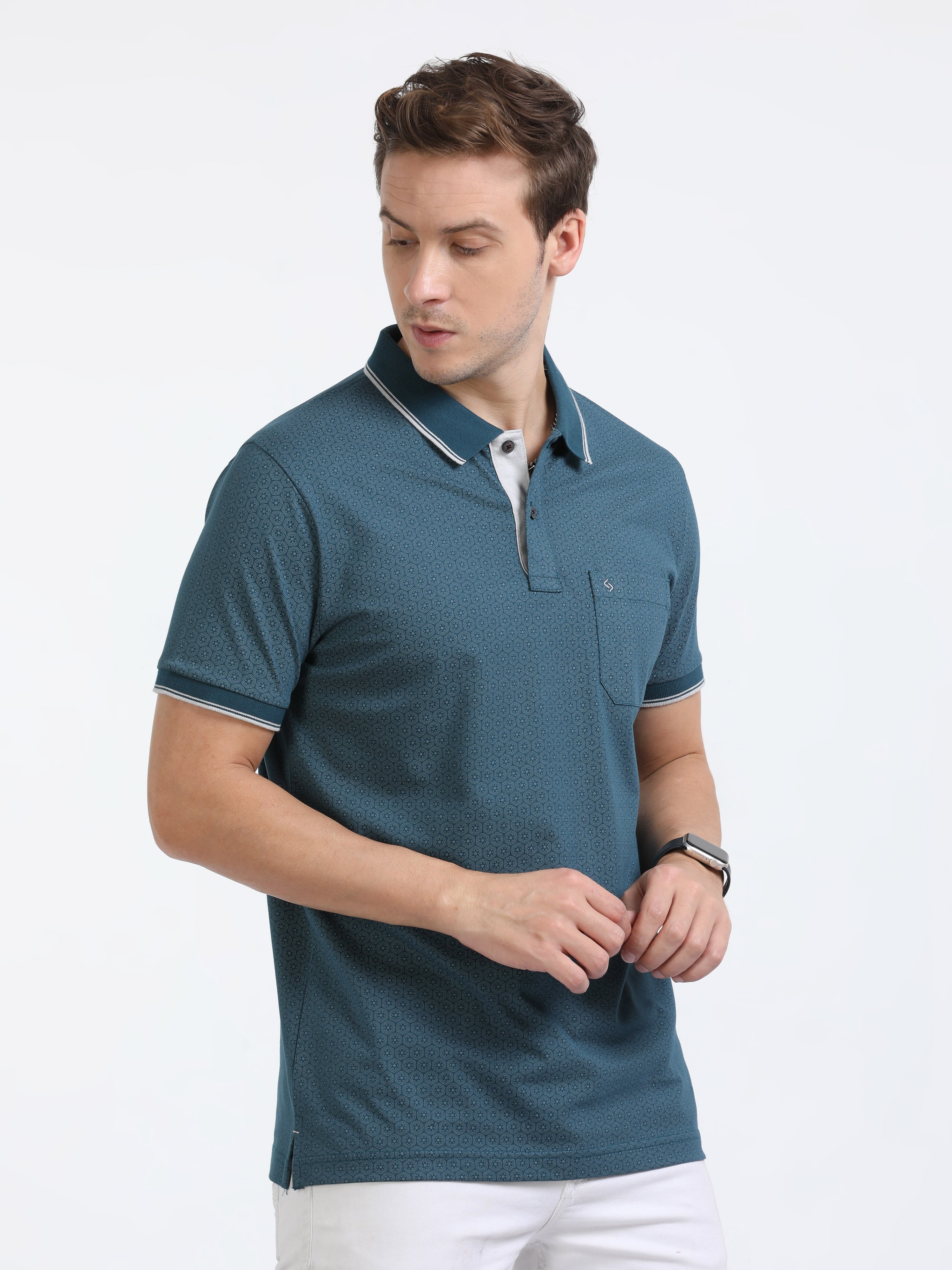 Classic Polo Mens Cotton Half Sleeves Floral Slim Fit Polo Neck Blue Color T-Shirt | Bello - 225 B Sf P