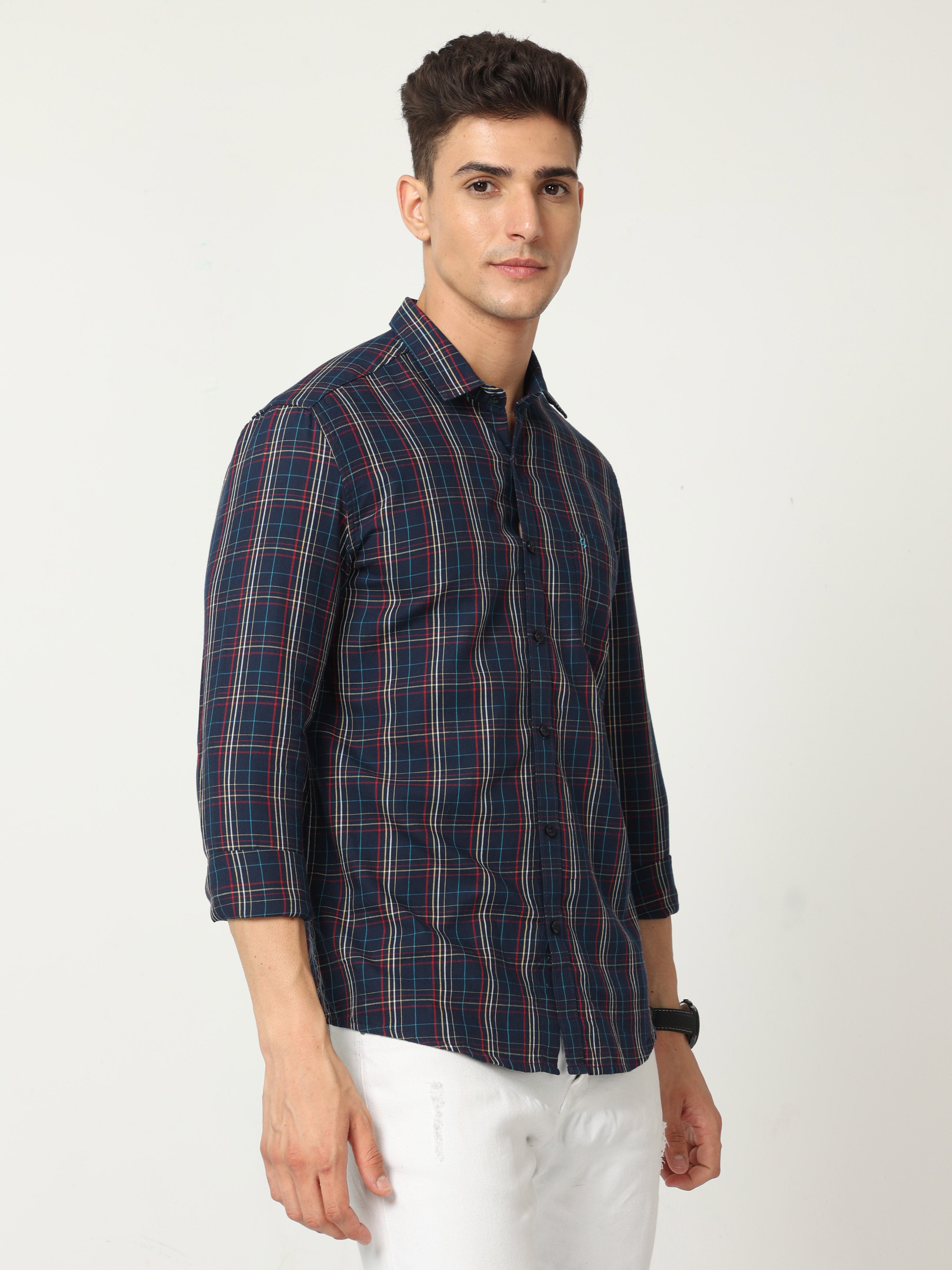 Classic Polo Men's Cotton Full Sleeve Checked Slim Fit Polo Neck Navy Blue Color Woven Shirt | So1-97 B