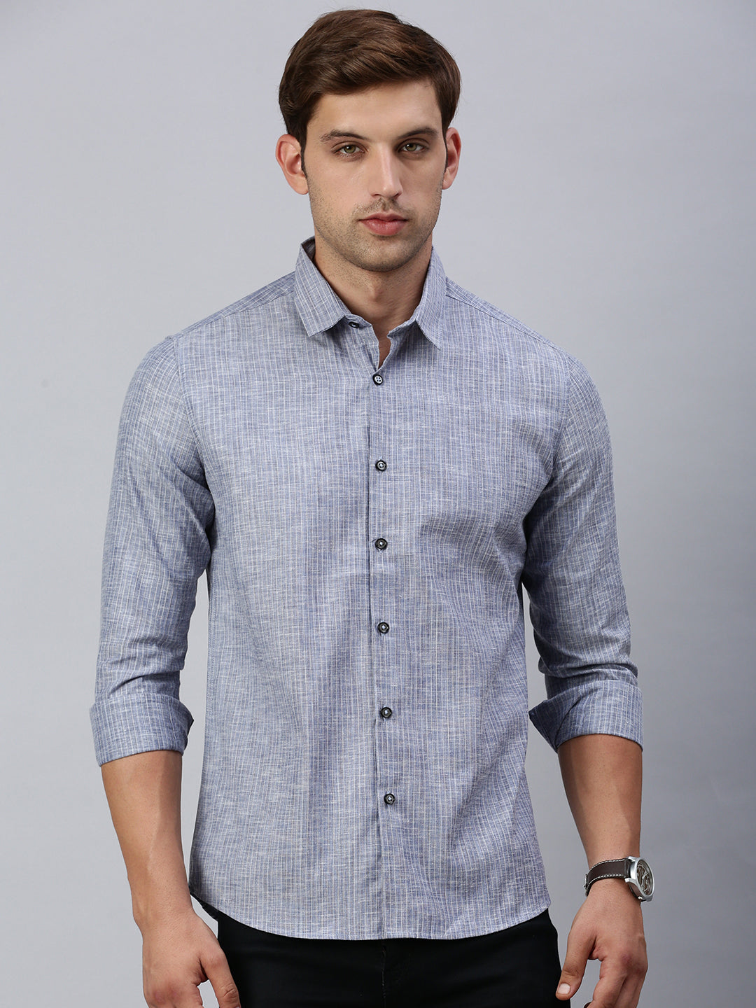 Classic Polo Men's Full Sleeve Dark Grey Polo Neck Slim Fit Striped Shirt | SP2-EL-12 B-FS-STR-SF